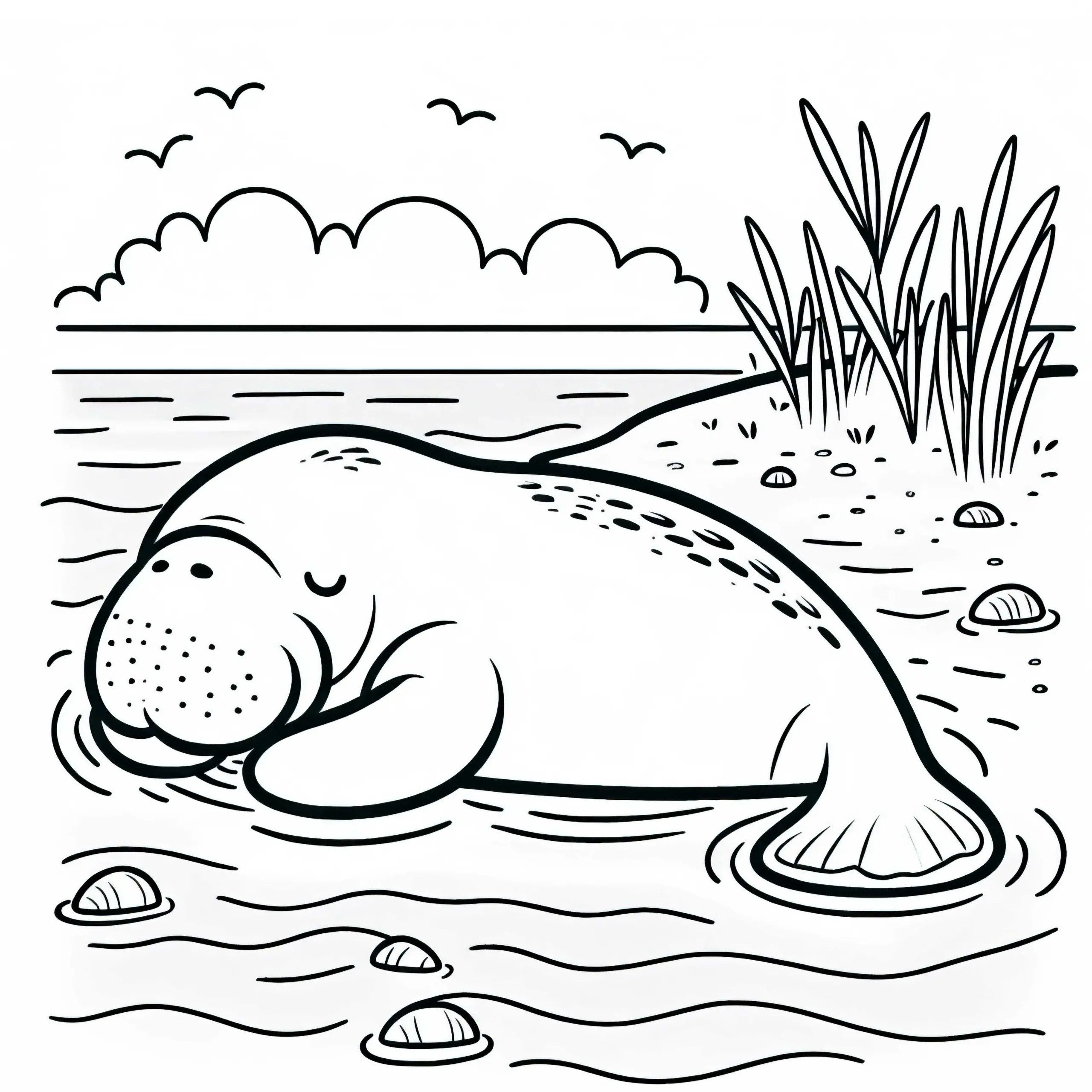 Dugong ruht sich friedlich im flachen Wasser aus – Malvorlage gratis (Ausmalbild)