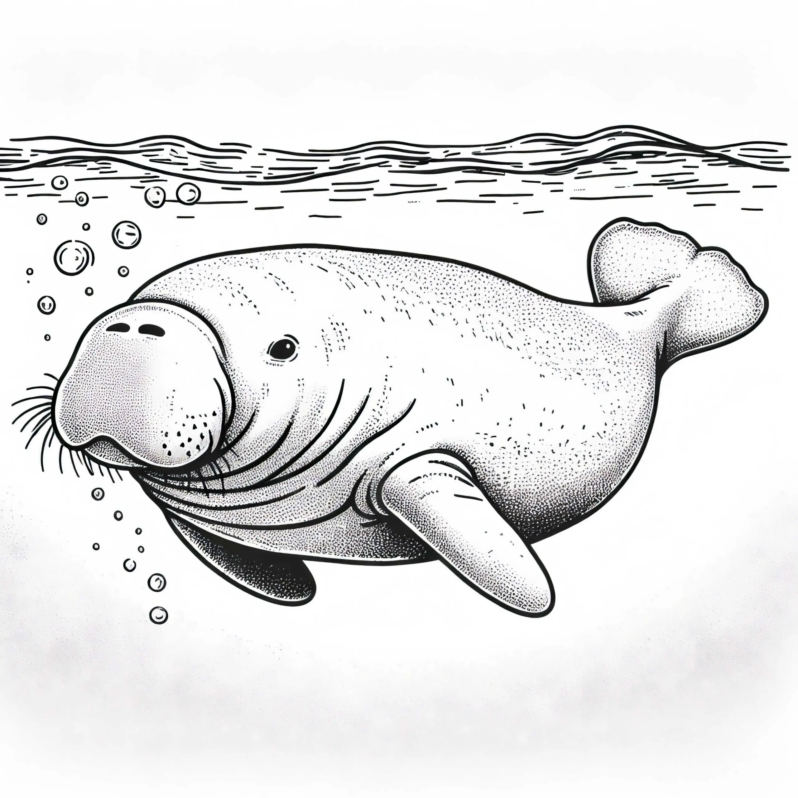 Eleganter Dugong Schwimmt Durch Das Meerwasser – Malvorlage Kostenlos (Ausmalbild)