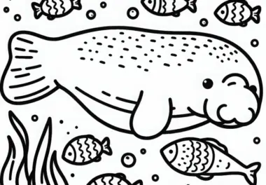 Dugong wird von kleinen Fischen begleitet – Malvorlage einfach gratis