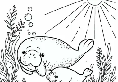 Dugongmutter schwimmt mit ihrem Kalb durch das Wasser – Malvorlage gratis