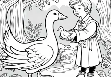 Dummling erhält die goldene Gans – Ausmalbild für Märchenfreunde kostenlos