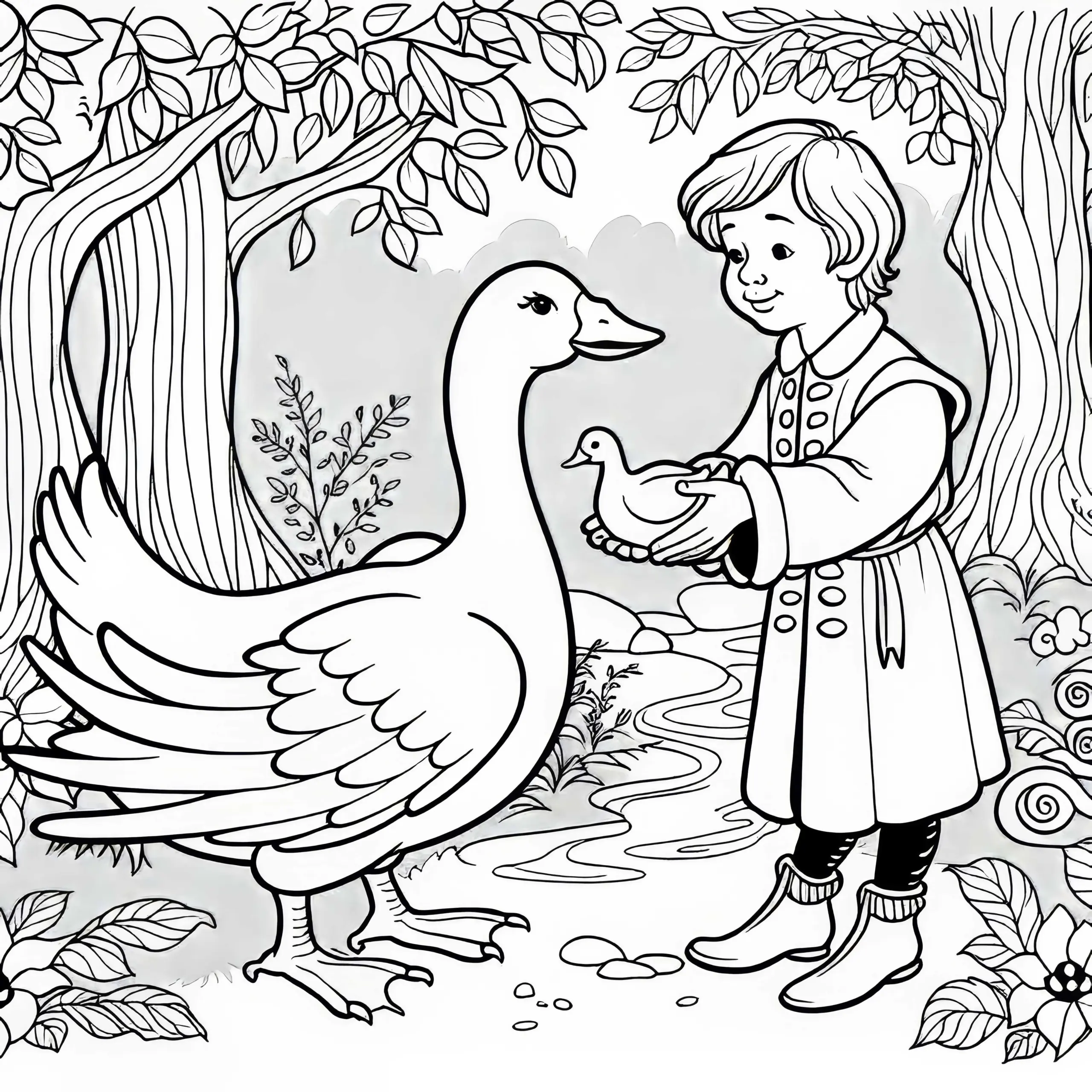 Dummling erhält die goldene Gans – Ausmalbild für Märchenfreunde kostenlos