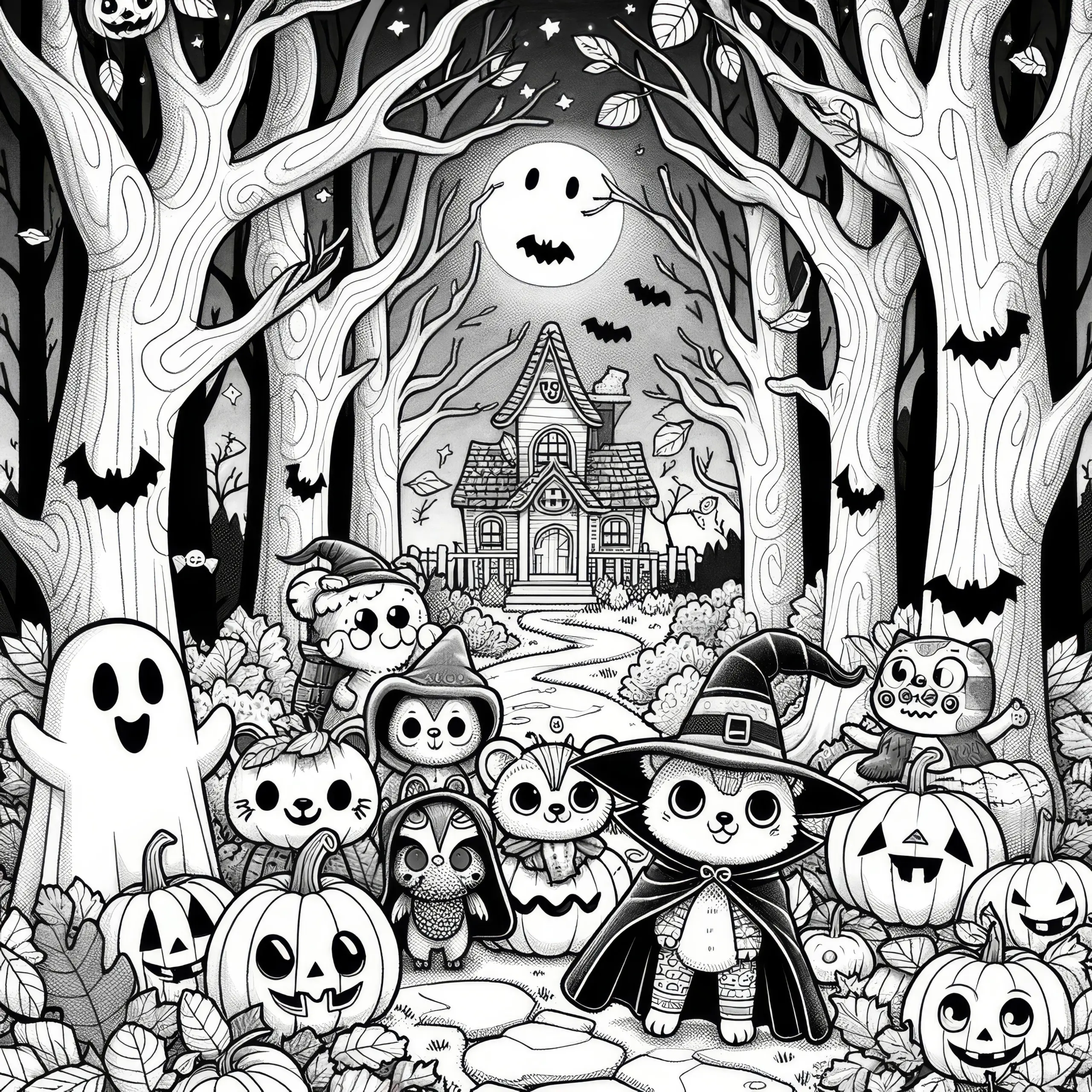 Dunkler Wald, Gespenst und Kürbisse: Halloween Bild zum Ausmalen (Kostenlos) (Ausmalbild)