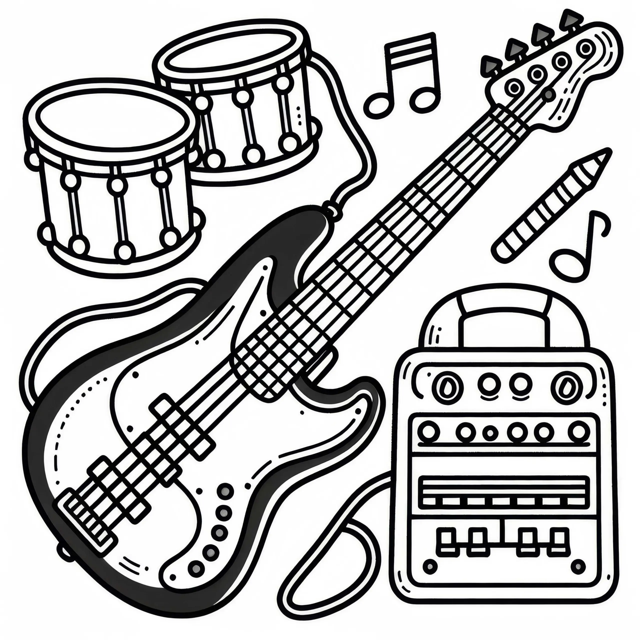 E-Bass Malvorlage – Elektronisches Instrument Kostenlos Herunterladen (Ausmalbild)