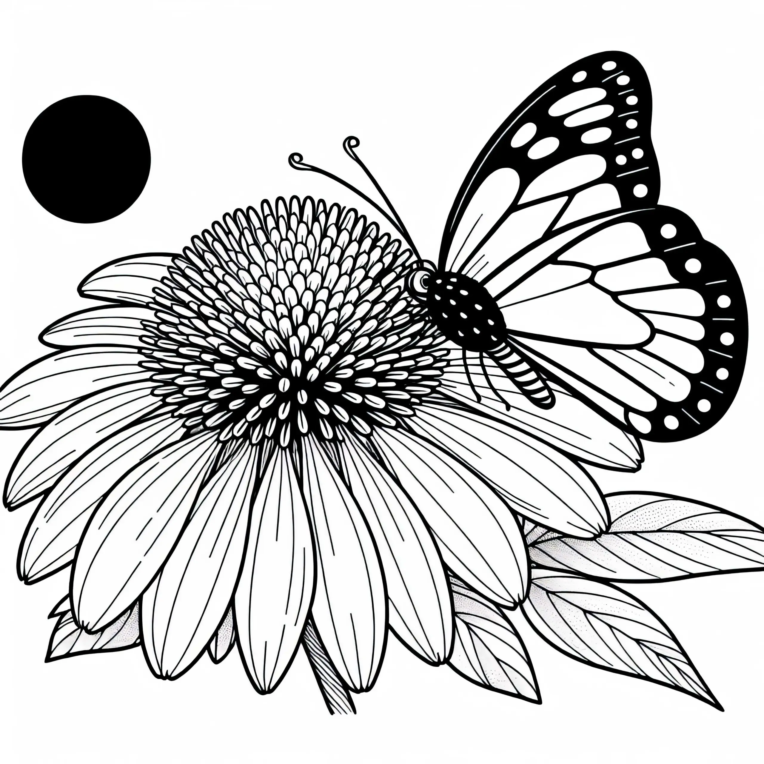 Echinacea-Blüte mit Schmetterling – kostenloses Ausmalbild für den Sommer