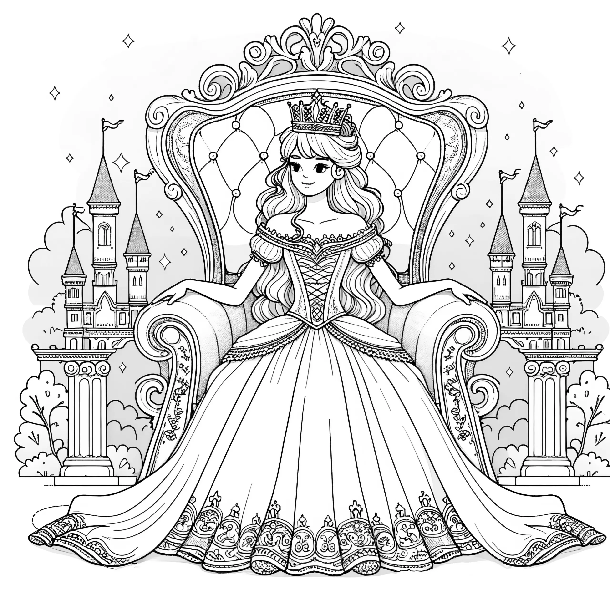 Edle Prinzessin auf Thron im traumhaften Schloss (Ausmalbild)