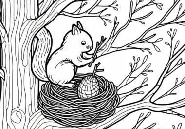 Eichhörnchen baut Nest aus Zweigen hoch oben in Astgabel eines Baumes – Malvorlage gratis