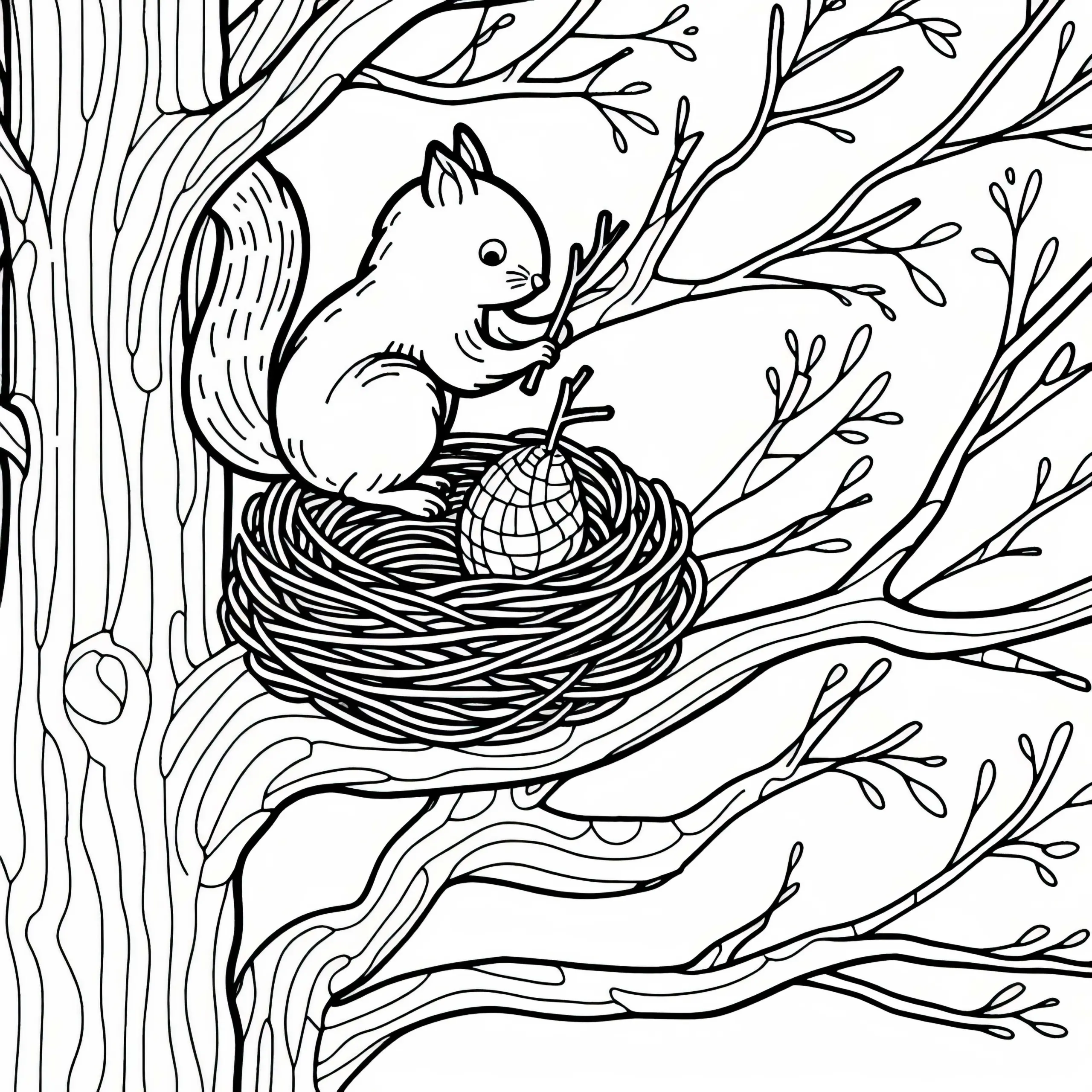 Eichhörnchen baut Nest aus Zweigen hoch oben in Astgabel eines Baumes – Malvorlage gratis (Ausmalbild)