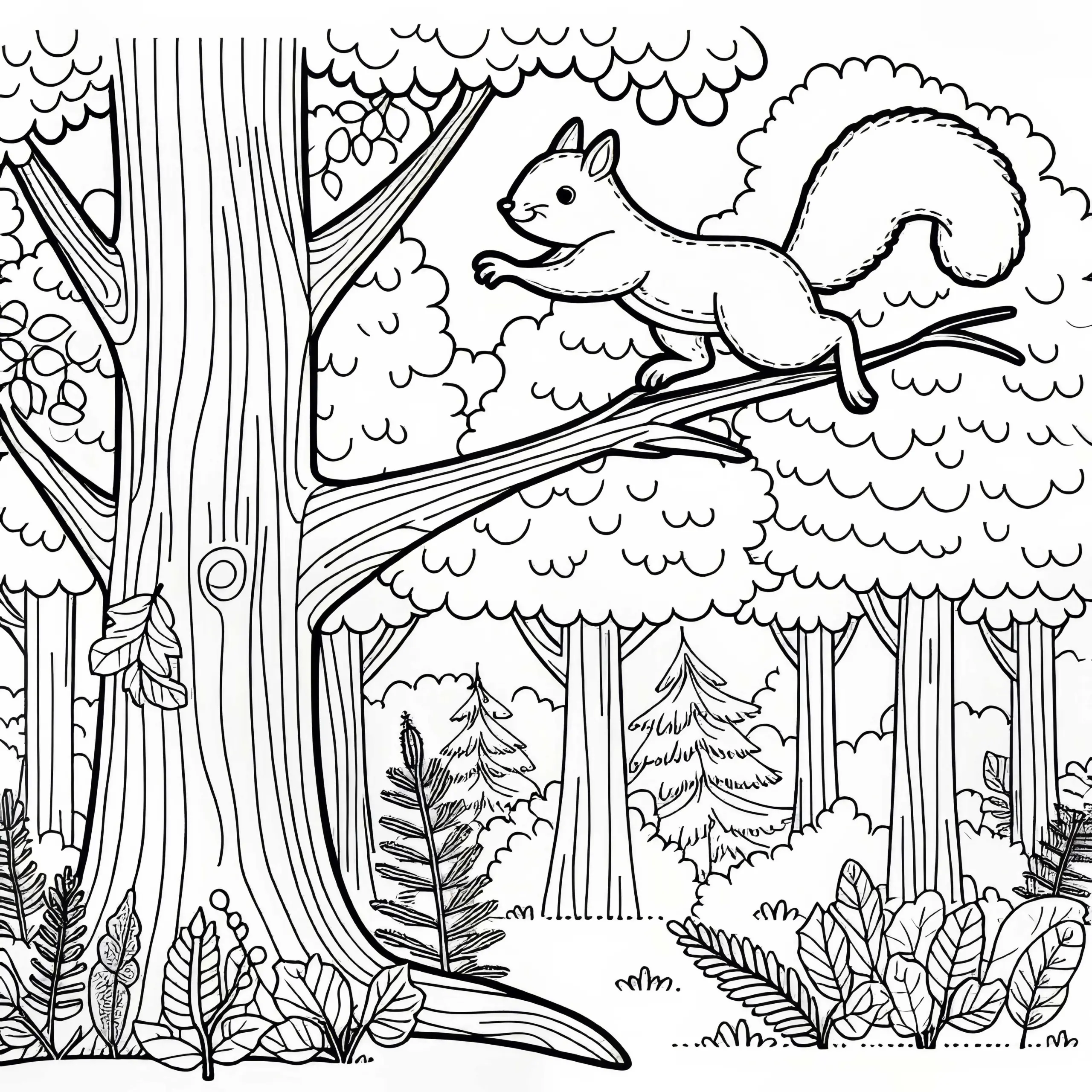 Eichhörnchen im Wald: kostenloses Ausmalbild