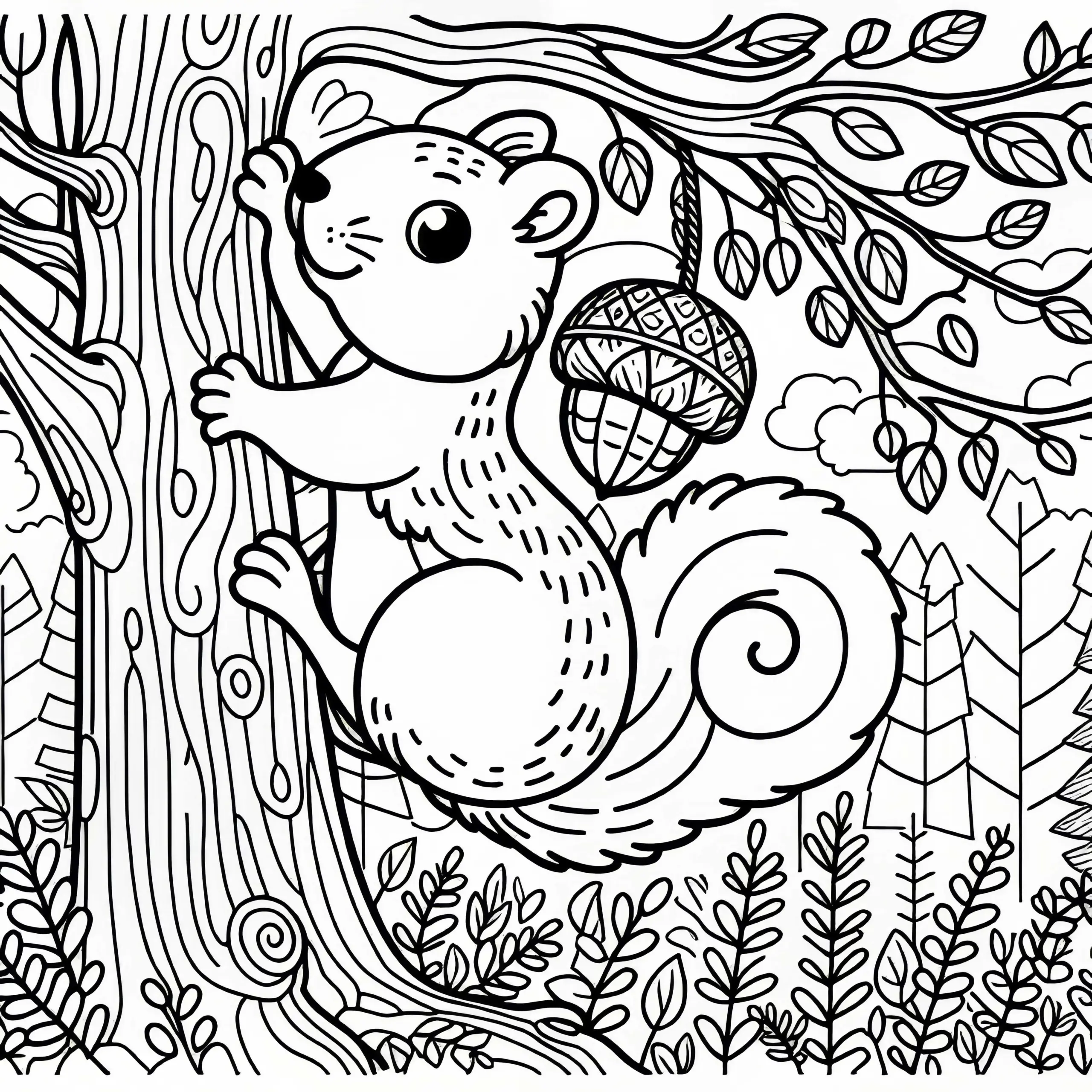 Eichhörnchen klettert am Baum hinauf – Malvorlage für den Herbst (Ausmalbild)