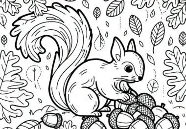Eichhörnchen sammelt Eicheln unter fallenden Blättern – Ausmalbild Herbst kostenlos