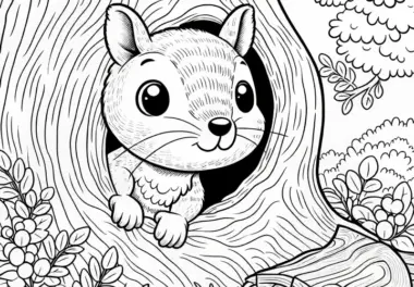 Eichhörnchen schaut neugierig aus Baumloch – Ausmalbild kostenlos