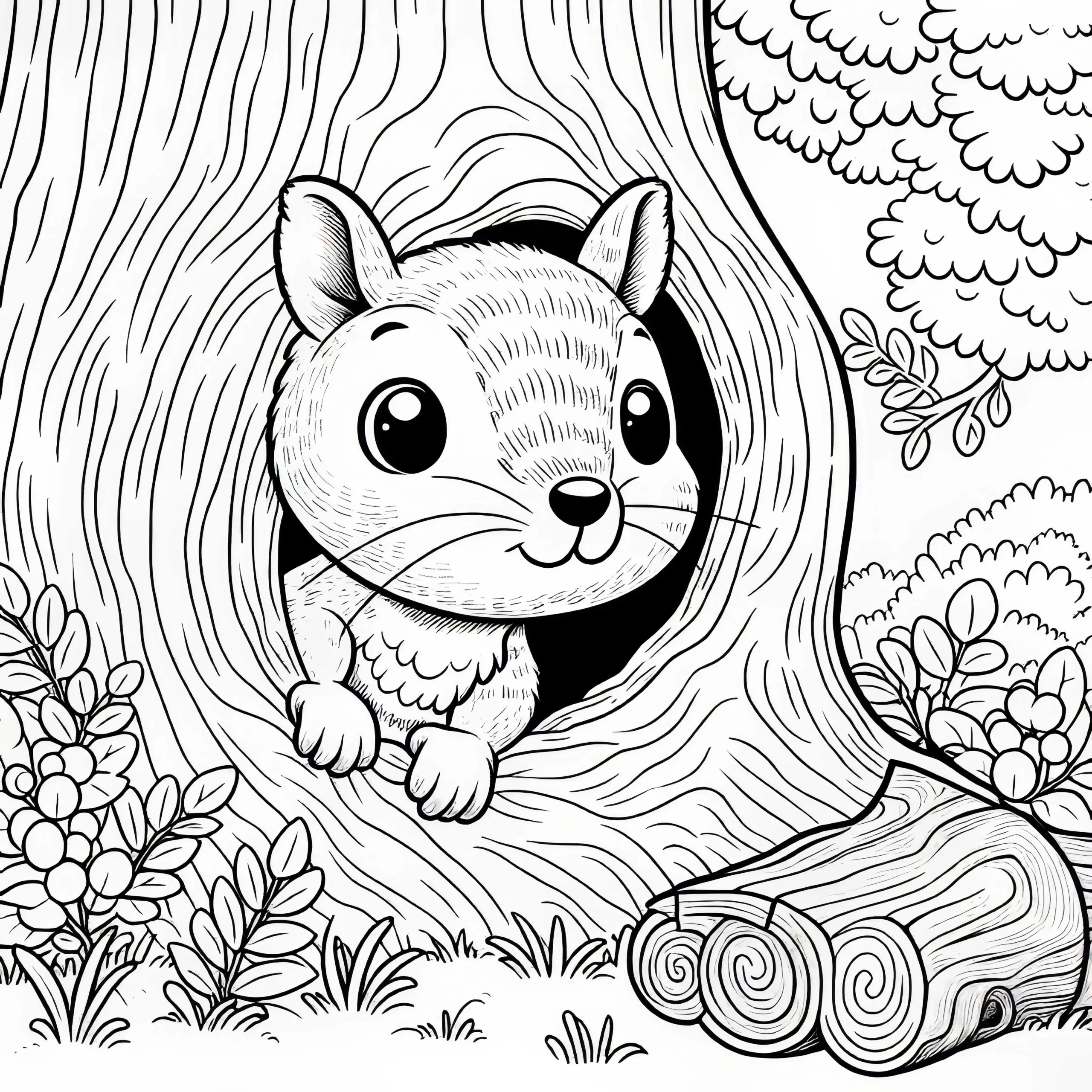 Eichhörnchen schaut neugierig aus Baumloch – Ausmalbild kostenlos