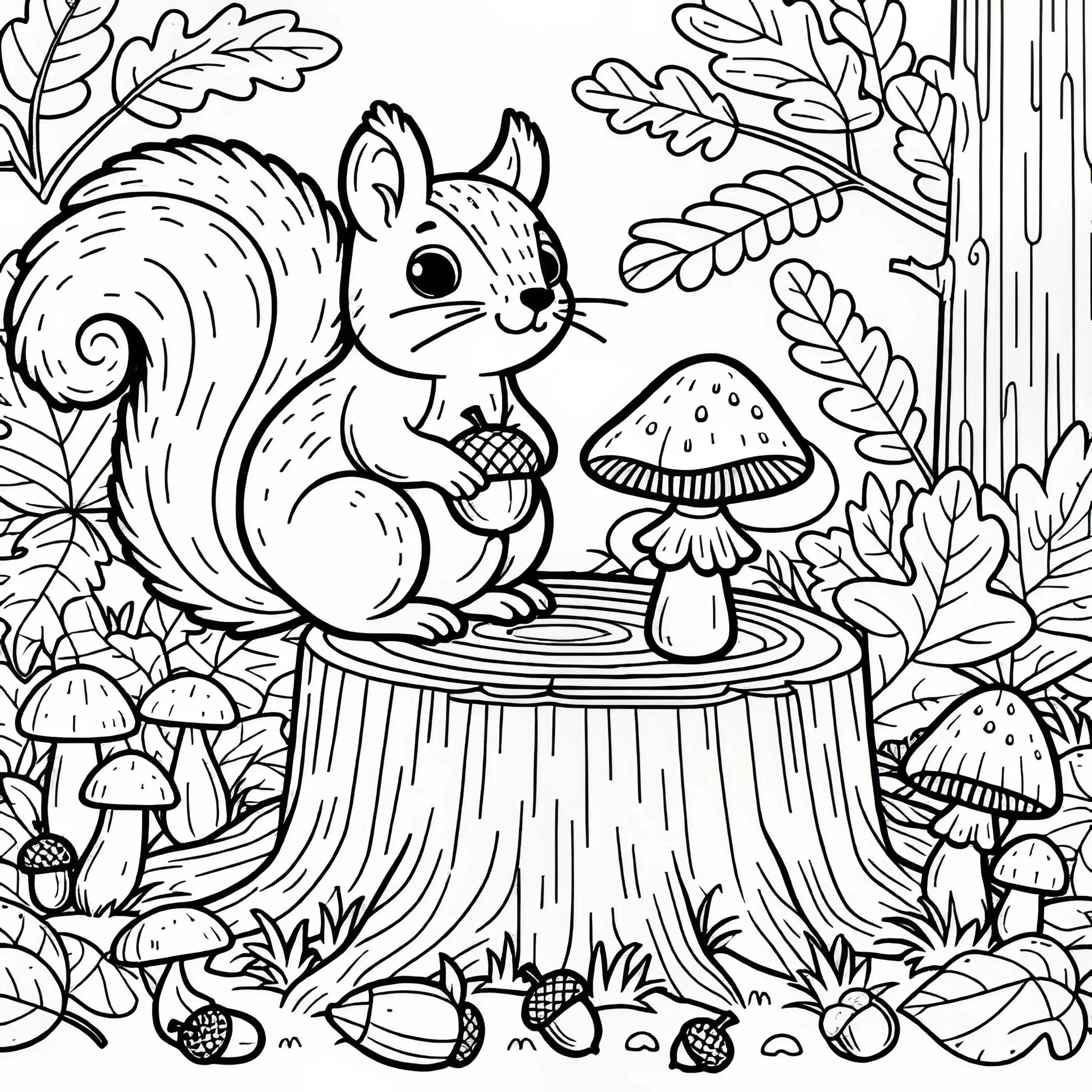 Eichhörnchen sitzt auf Baumstamm, umgeben von Pilzen, Laub und Eicheln – Ausmalbild kostenlos