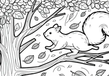Eichhörnchen springt von Ast zu Ast – Malvorlage kostenlos