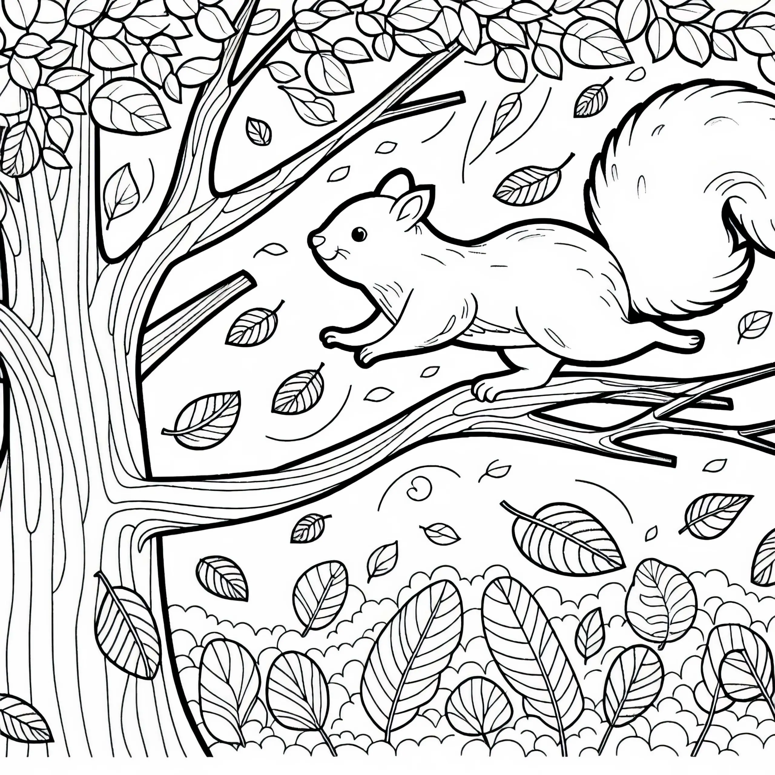 Eichhörnchen springt von Ast zu Ast – Malvorlage kostenlos (Ausmalbild)