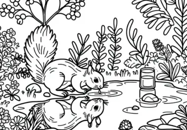 Eichhörnchen trinkt aus kleinem Teich – Malvorlage kostenlos