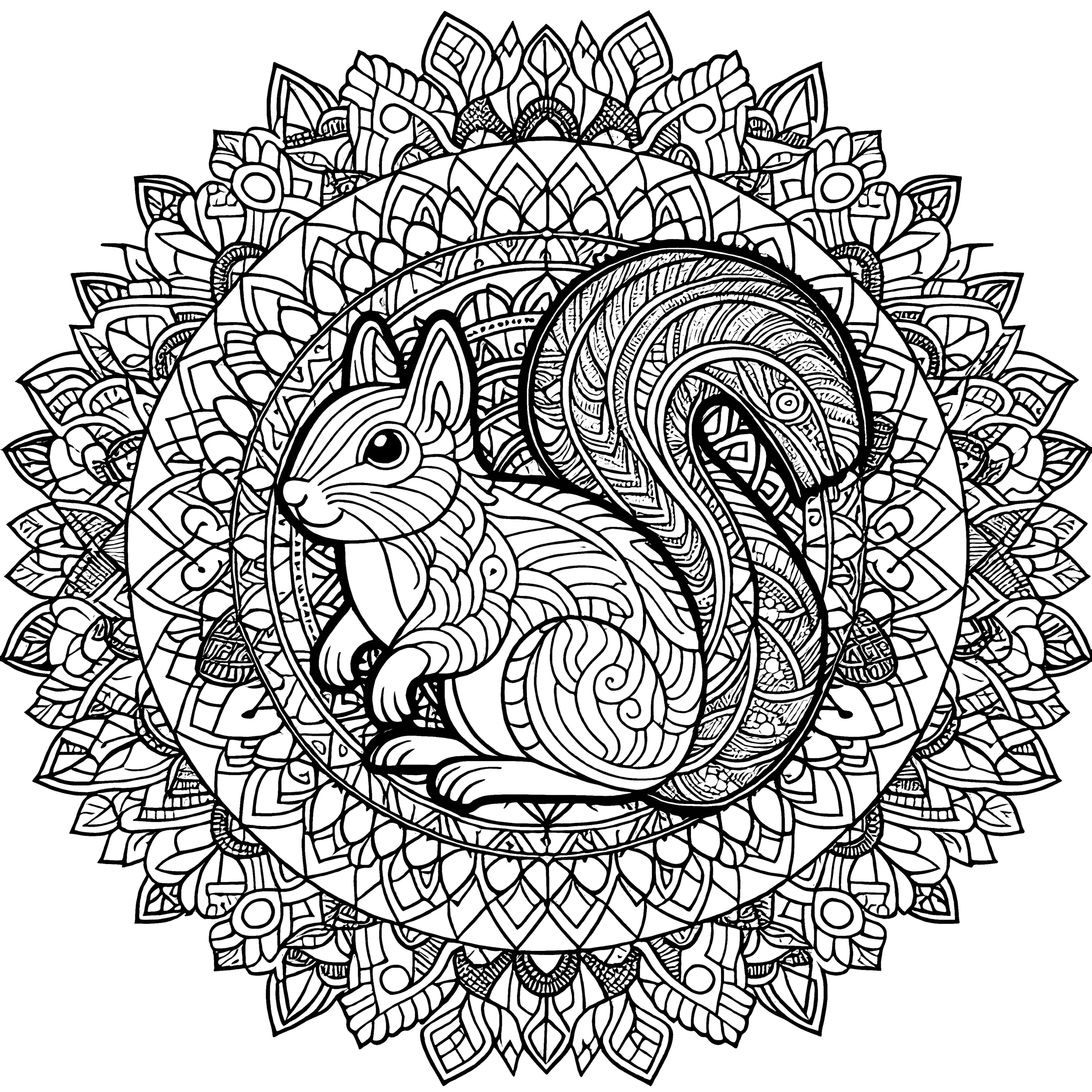 Eichhörnchen-Mandala komplex: Waldbewohner zum Ausdrucken (gratis) (Ausmalbild)