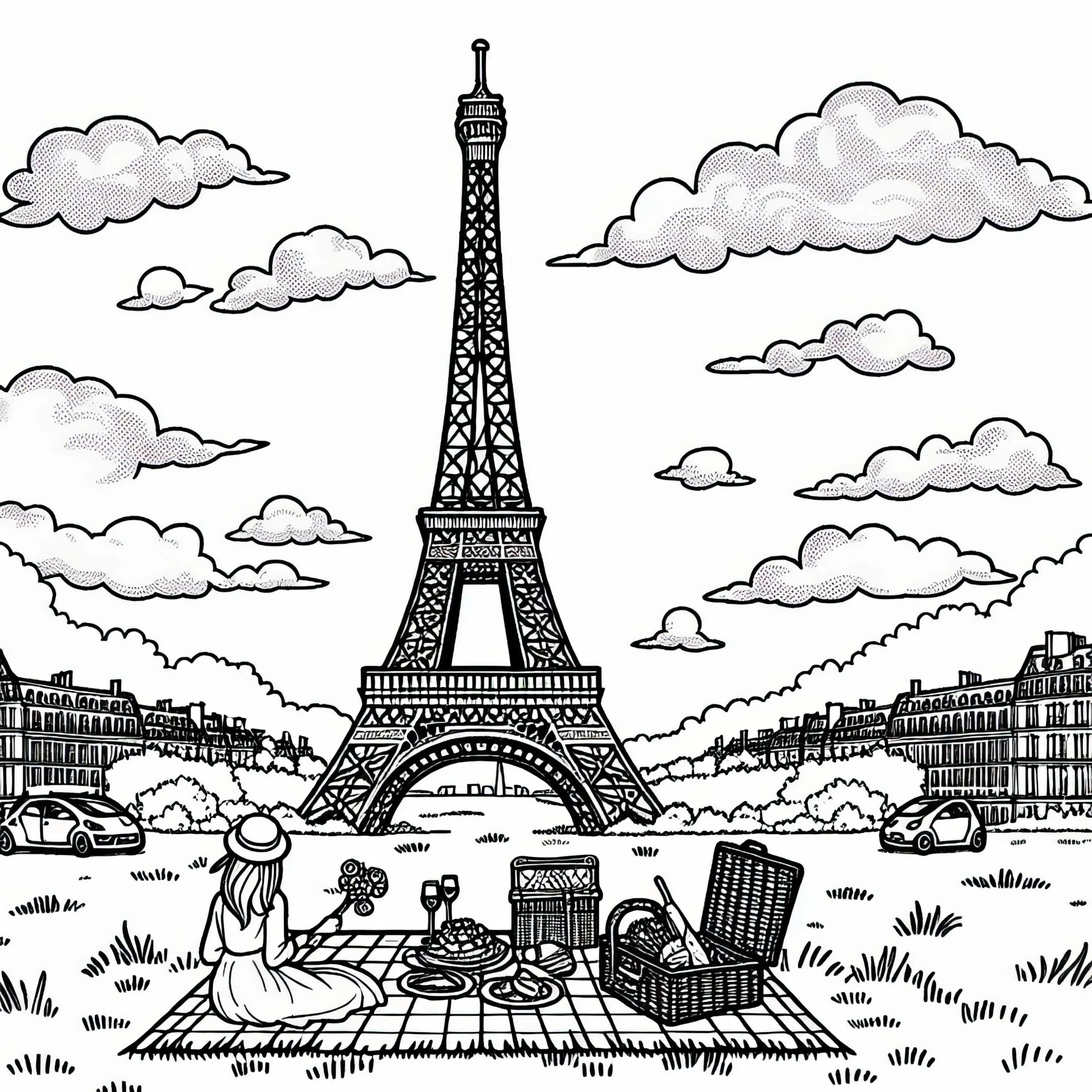 Eiffelturm Frankreich mit Picknick auf Wiese – Malvorlage Europa Gratis (Ausmalbild)