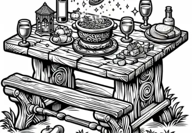 Ein alter rustikaler Tisch, auf dem wie von Zauberhand Speisen und Getränke erscheinen – Ausmalbild Märchen kostenlos