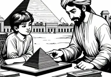 Ein Baumeister erklärt einem Jungen das Modell einer Pyramide – Malvorlage Ägyptisches Reich gratis