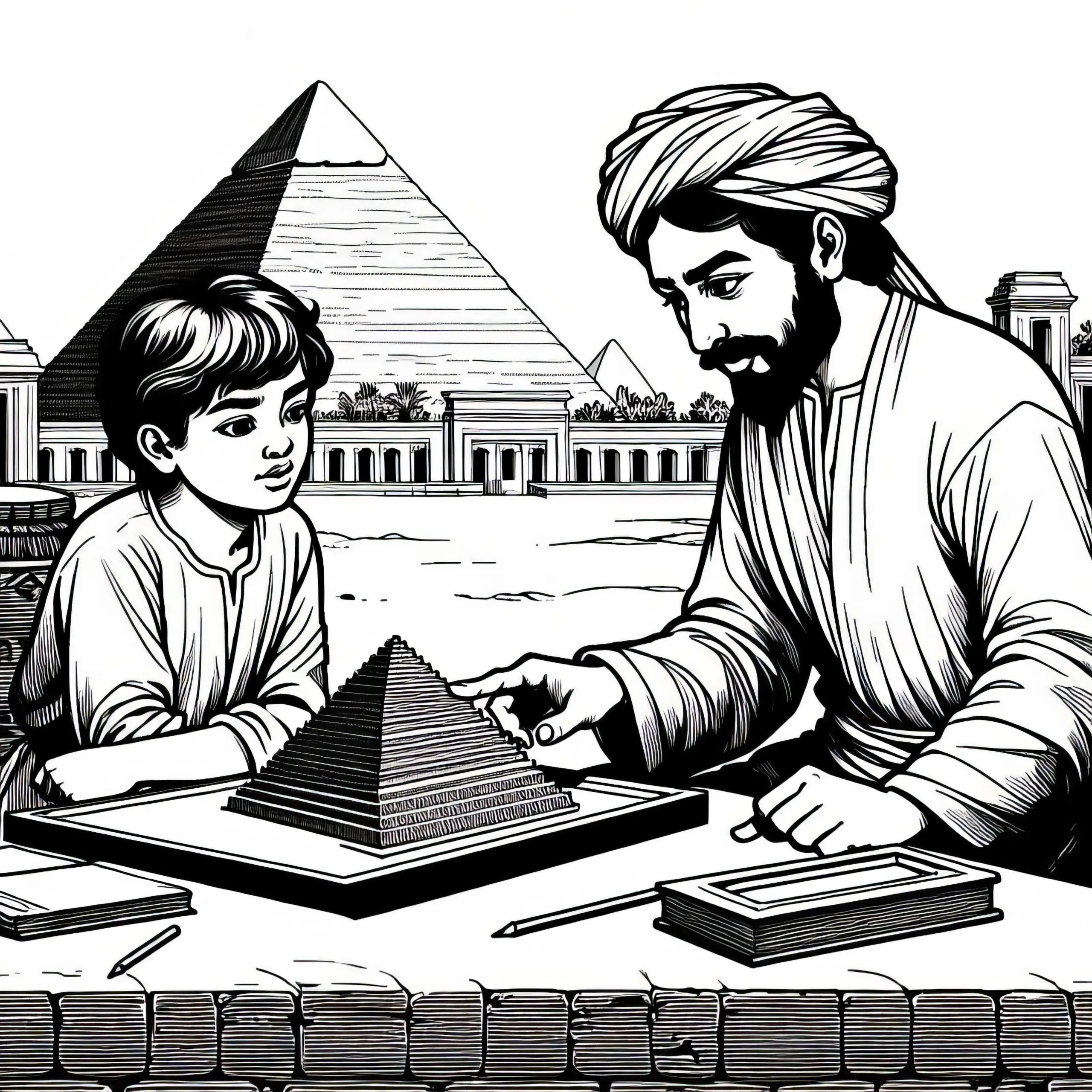 Ein Baumeister erklärt einem Jungen das Modell einer Pyramide – Malvorlage Ägyptisches Reich gratis (Ausmalbild)