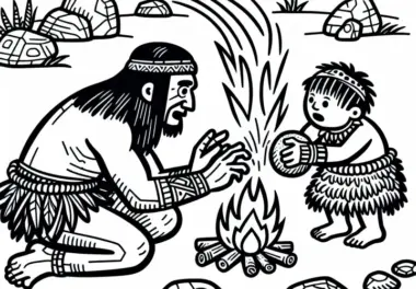 Ein Erwachsener zeigt einem Kind wie man Feuer mit Steinen schlägt Malvorlage Urgeschichte kostenlos