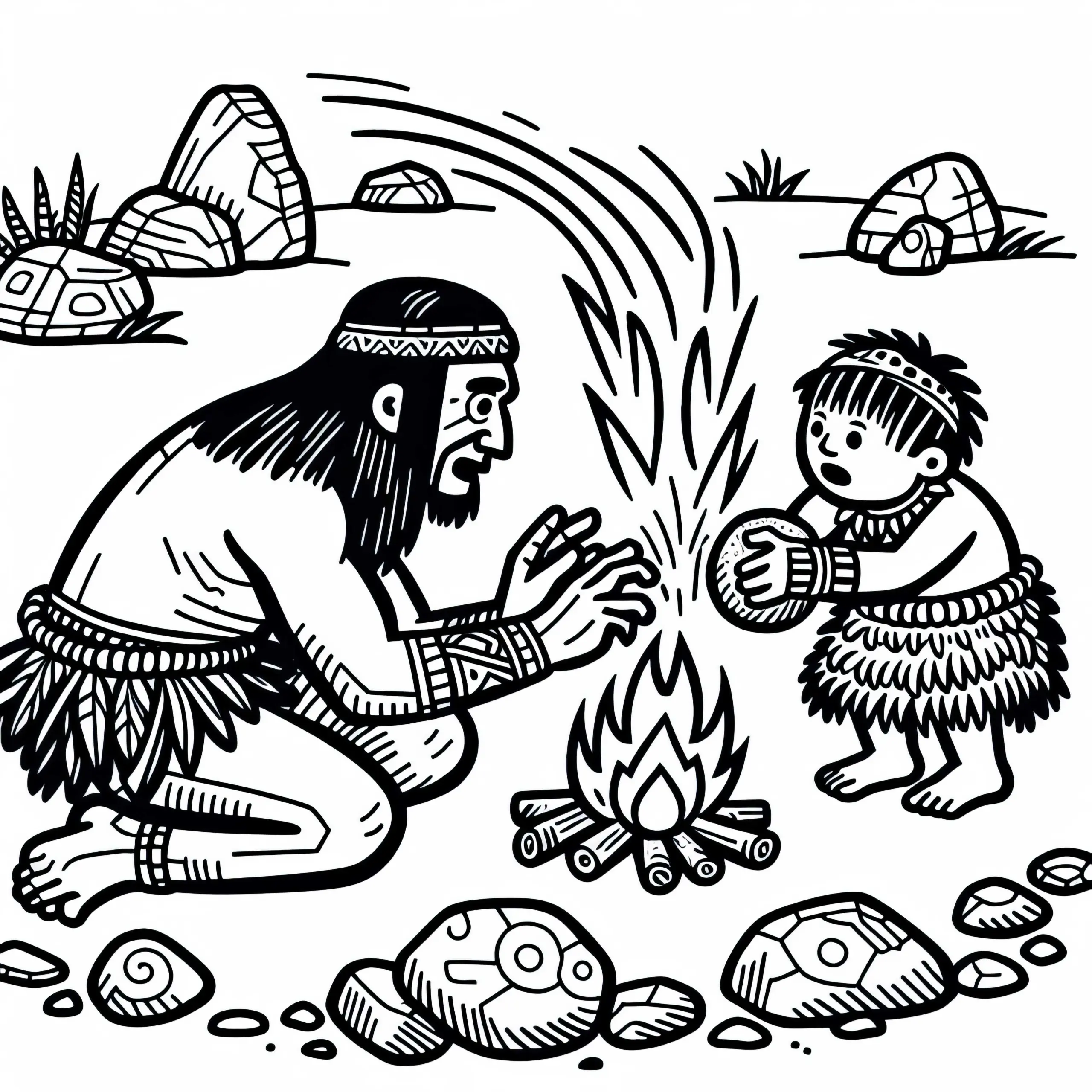 Ein Erwachsener zeigt einem Kind wie man Feuer mit Steinen schlägt Malvorlage Urgeschichte kostenlos (Ausmalbild)