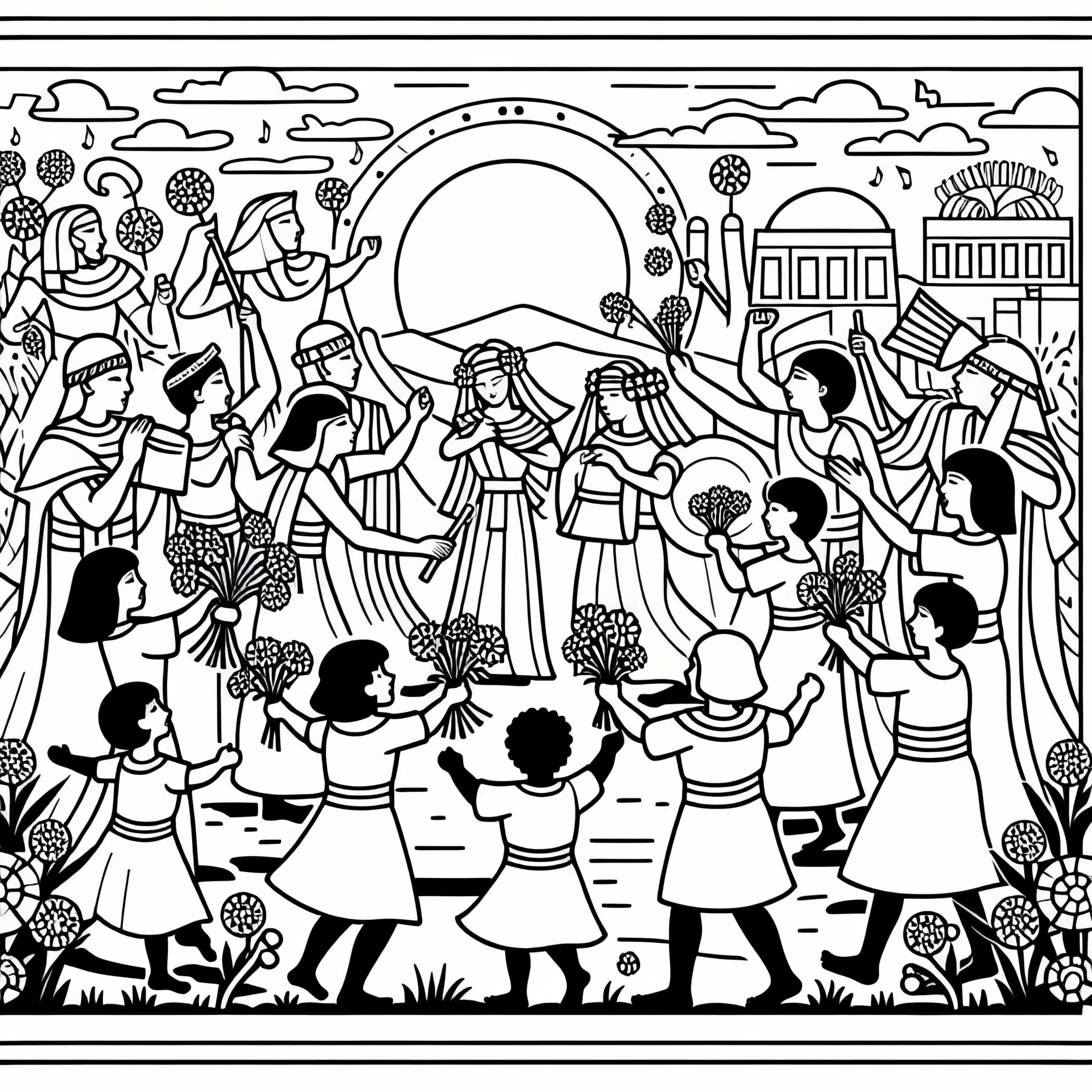 Ein Festumzug mit Musik und Tanz bei dem Kinder Blumen streuen Malvorlage Ägyptisches Reich kostenlos (Ausmalbild)
