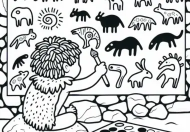 Ein Kind bemalt eine Höhlenwand mit einfachen Tierzeichnungen: Ausmalbild Urgeschichte gratis