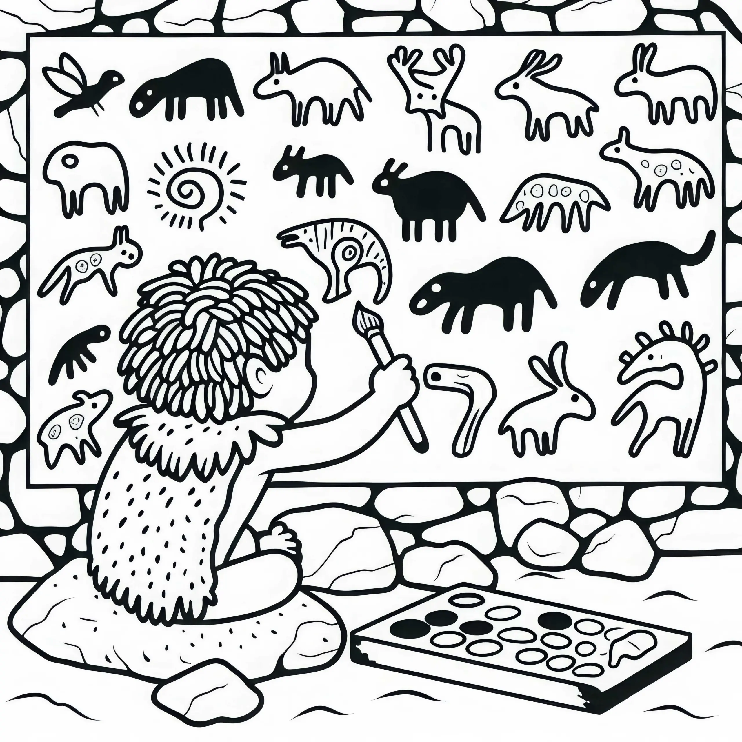 Ein Kind bemalt eine Höhlenwand mit einfachen Tierzeichnungen: Ausmalbild Urgeschichte gratis