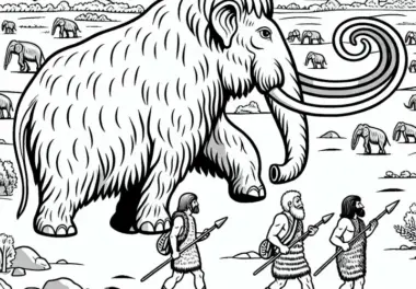 Ein Mammut läuft gemächlich durch eine offene Landschaft beobachtet von Menschen mit Speeren