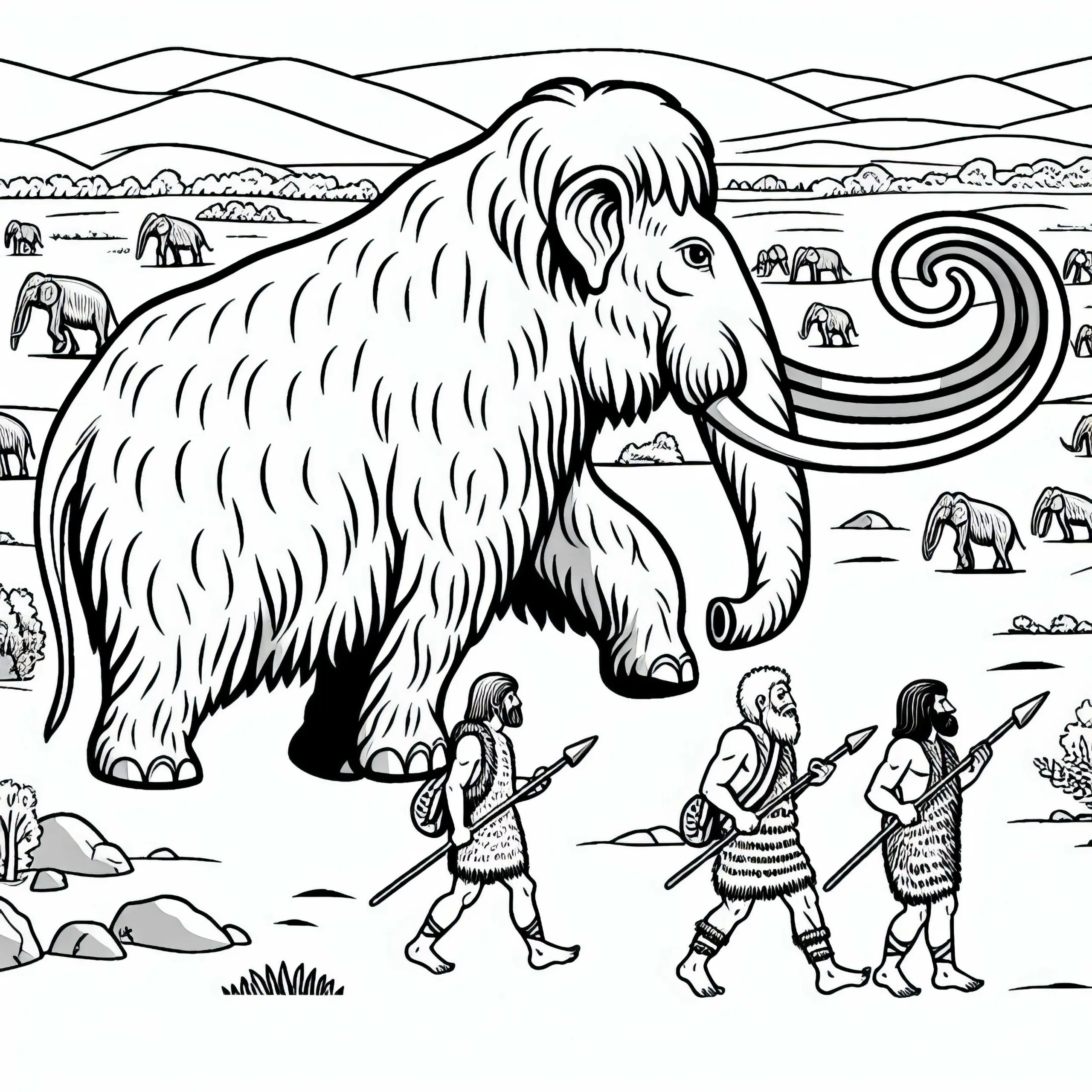 Ein Mammut läuft gemächlich durch eine offene Landschaft beobachtet von Menschen mit Speeren (Ausmalbild)