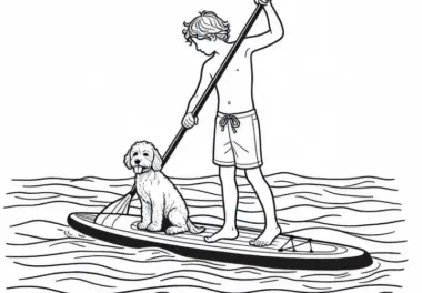 Ein Paddleboarder paddelt mit Hund auf dem Board – Ausmalbild kostenlos