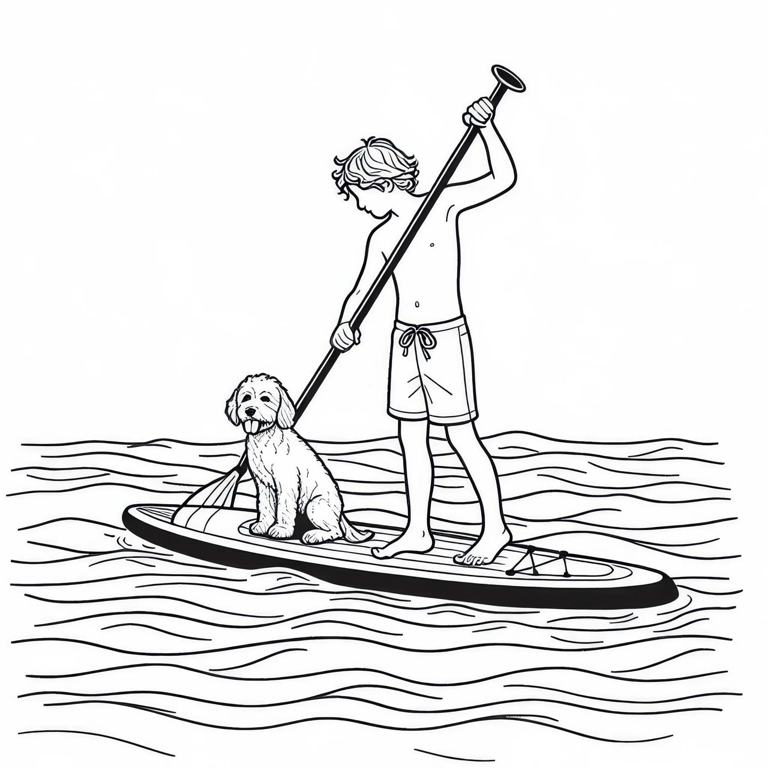 Ein Paddleboarder paddelt mit Hund auf dem Board – Ausmalbild kostenlos