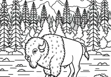Ein Wisent steht majestätisch auf einer Waldlichtung – Malvorlage einfach gratis