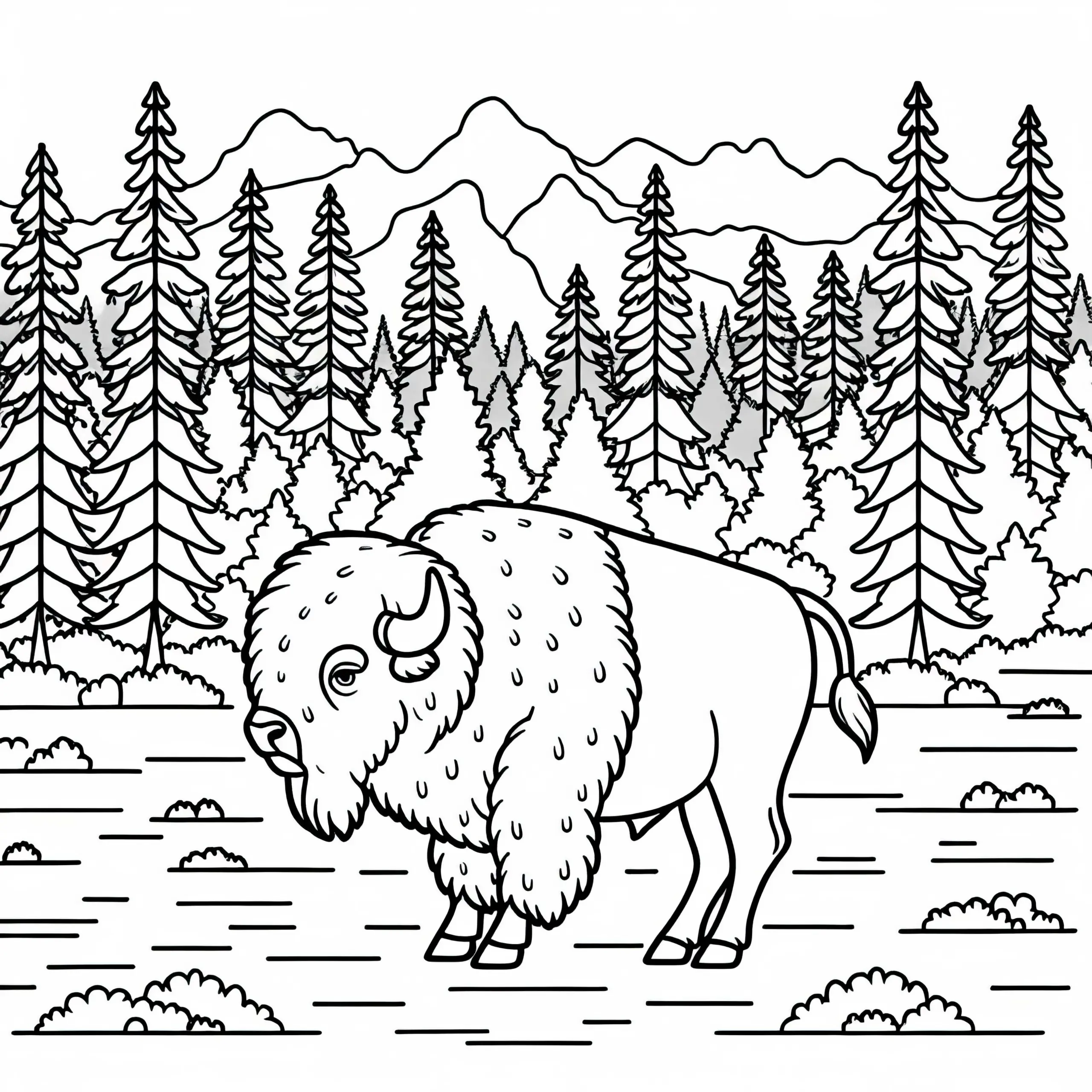 Ein Wisent steht majestätisch auf einer Waldlichtung – Malvorlage einfach gratis (Ausmalbild)