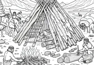 Eine Gruppe baut ein einfaches Zelt aus Holz und Tierhäuten