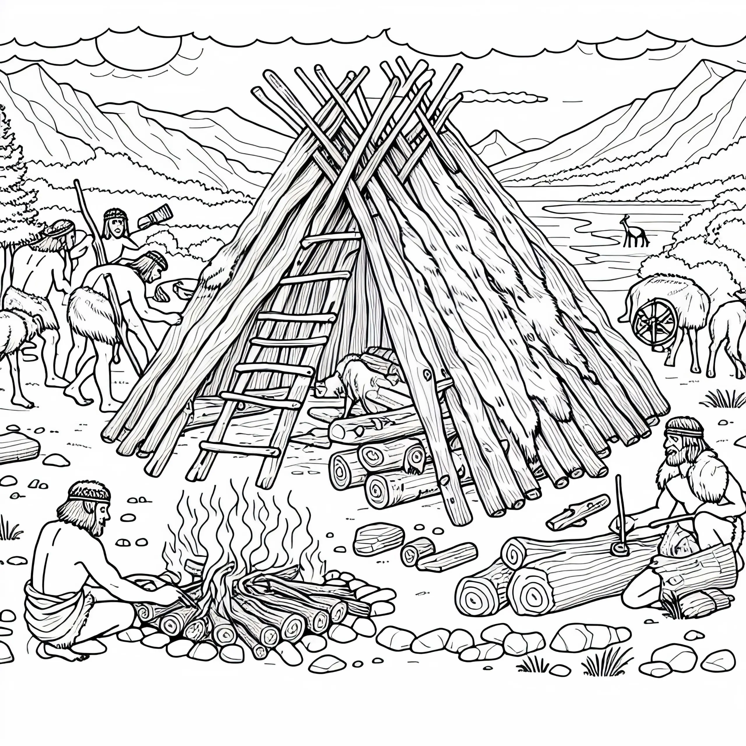 Eine Gruppe baut ein einfaches Zelt aus Holz und Tierhäuten (Ausmalbild)