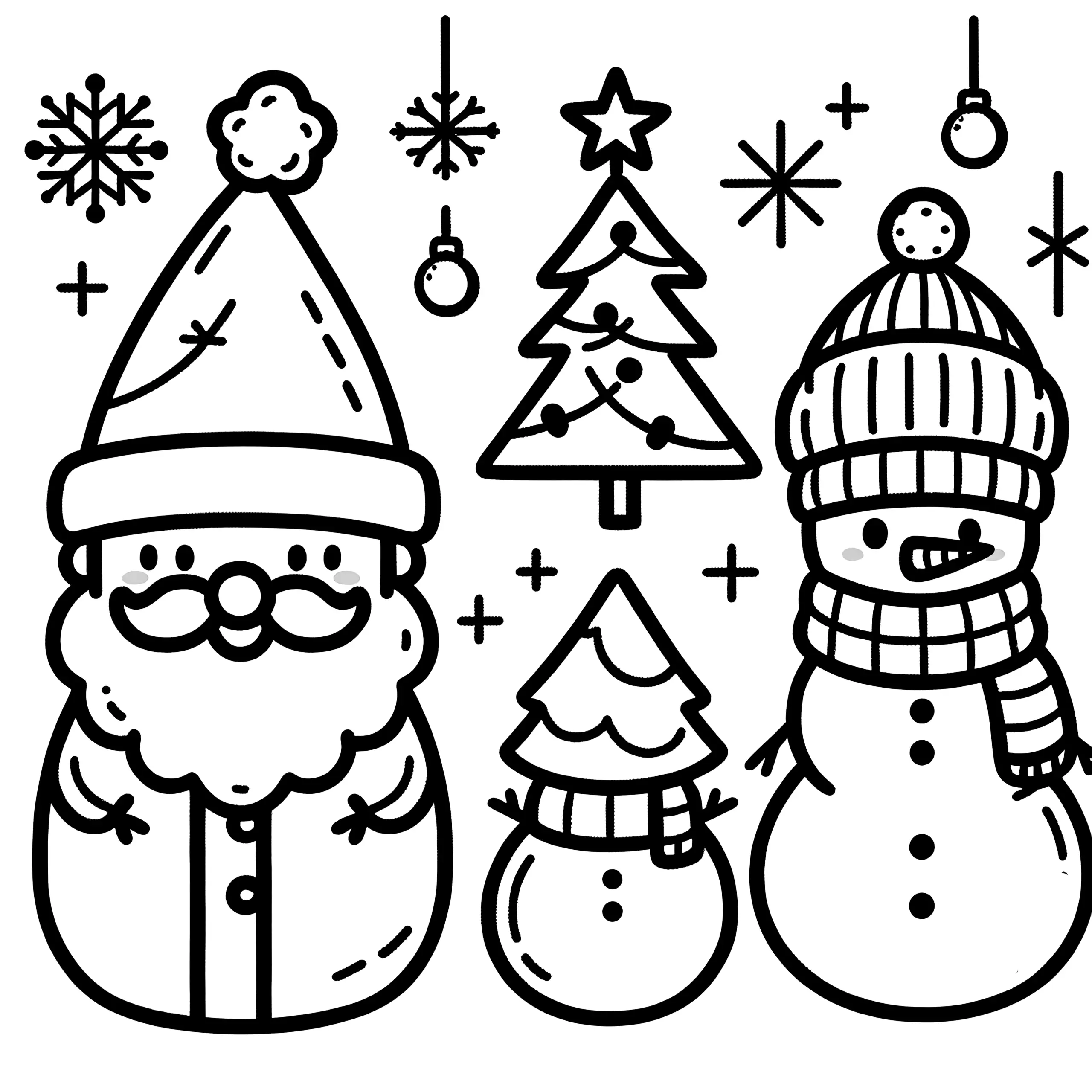Einfache Malvorlage für Kinder: Schneemann & Weihnachtsmann (Ausmalbild)