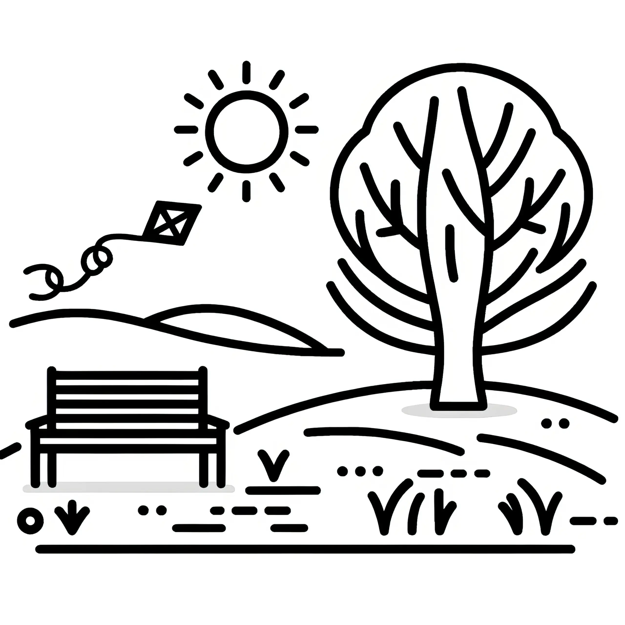 Einfache Malvorlage: Herbstlandschaft, Drachensteigen und Sonnenschein (Gratis) (Ausmalbild)