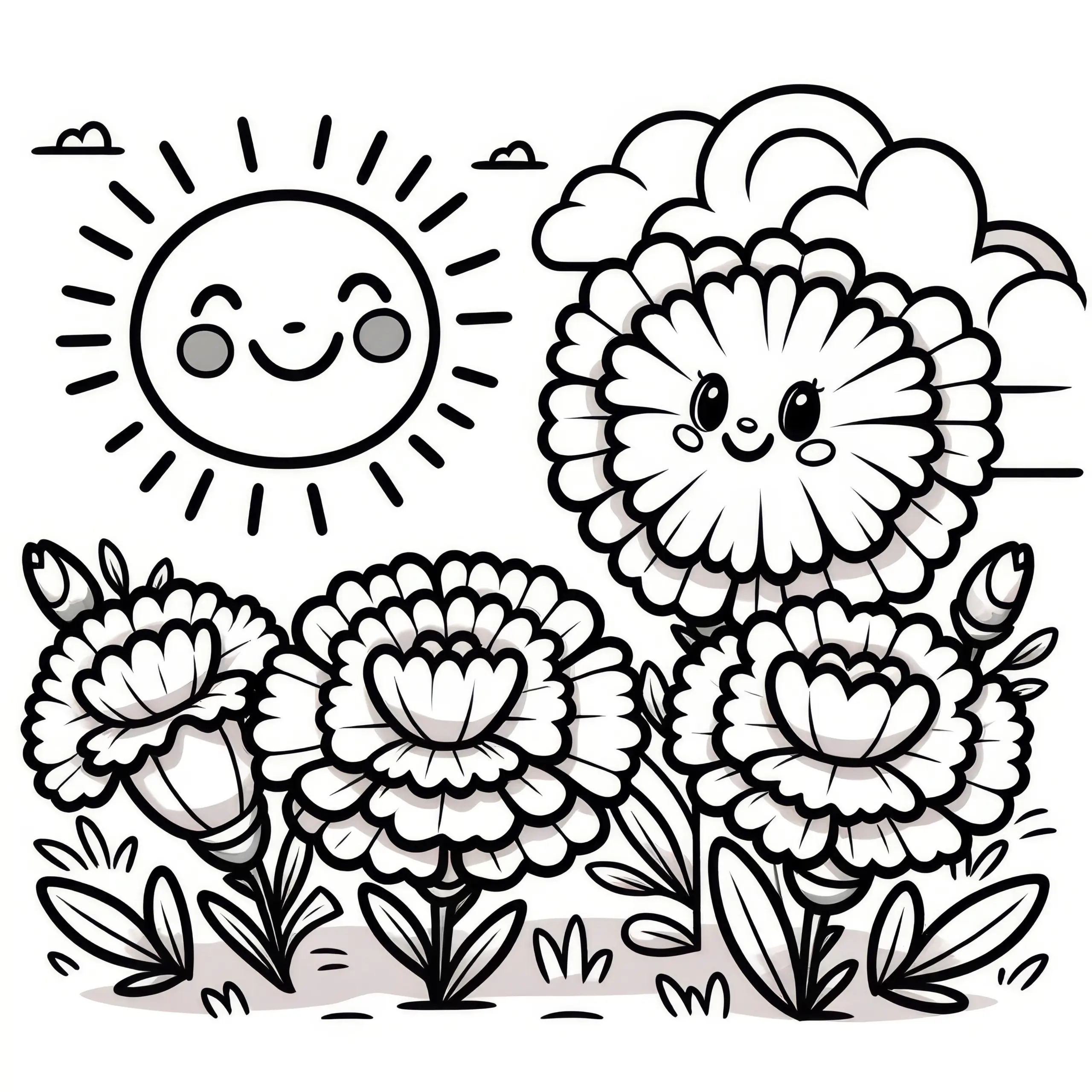 Einfache Malvorlage für Kinder mit Nelken und Sonne (Kostenlos) (Ausmalbild)