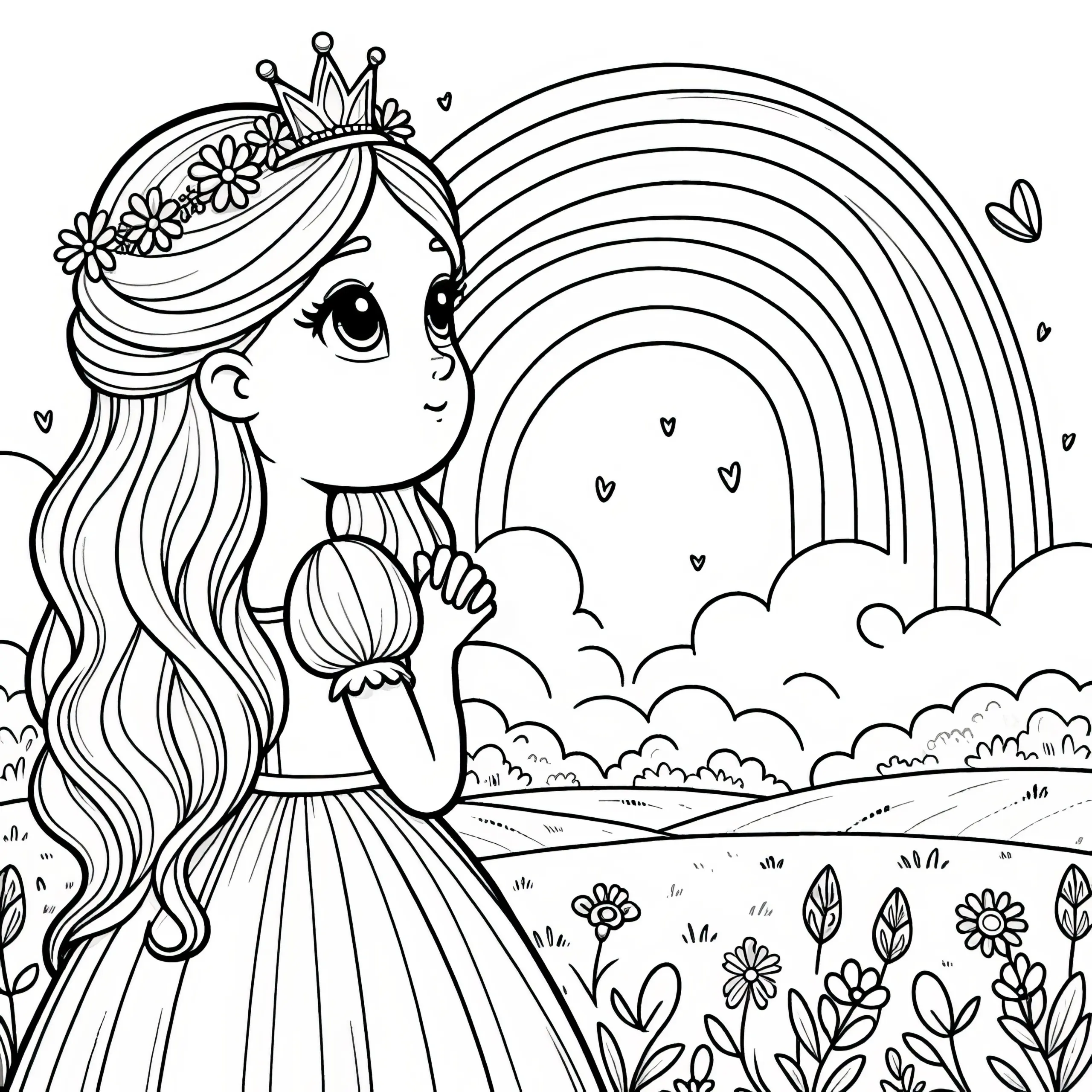Einfache Malvorlage: Prinzessin mit Blick zum Regenbogen (Kostenlos) (Ausmalbild)