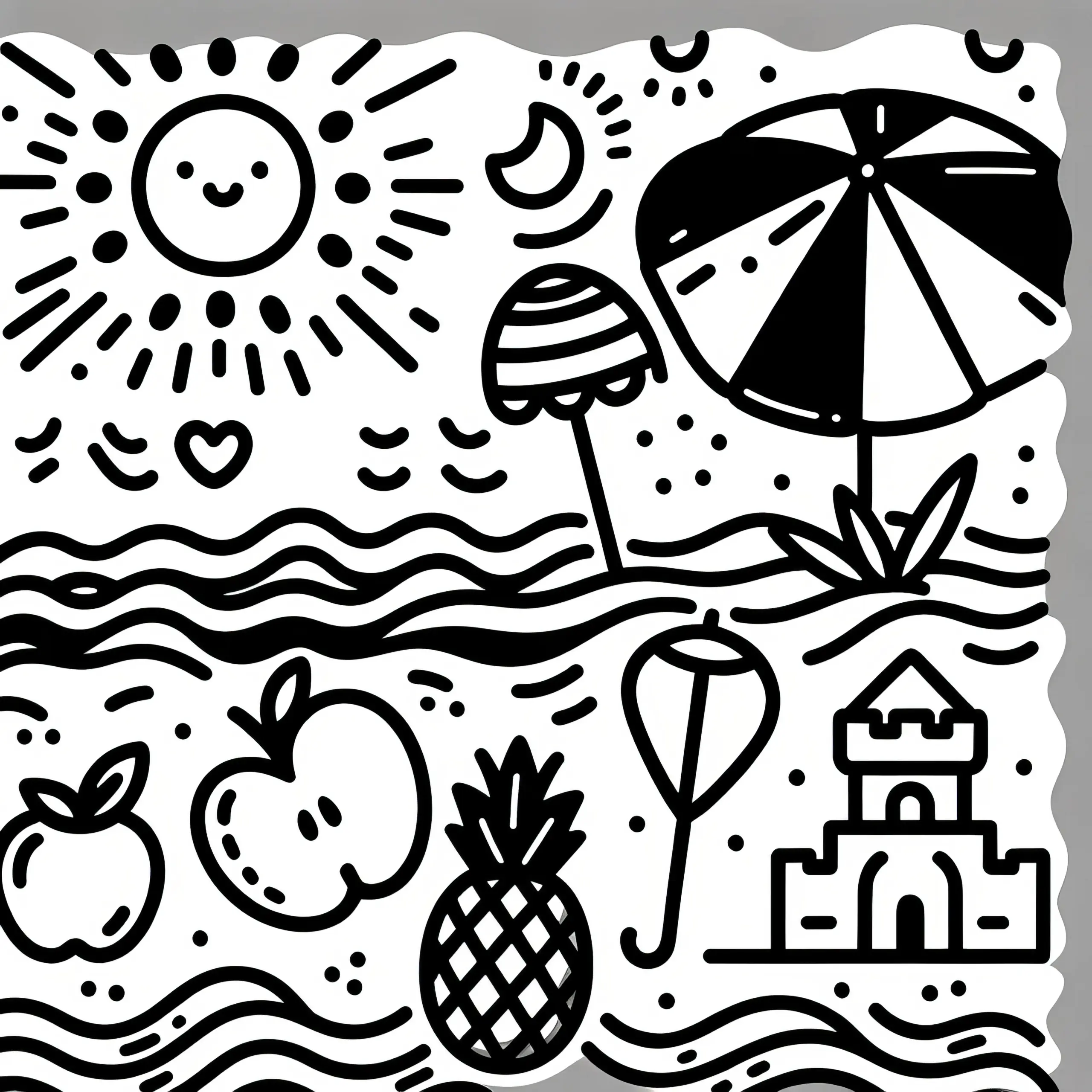 Einfache Strandmotive zum Ausmalen: Sonnenschirm und Sandburg (Gratis) (Ausmalbild)