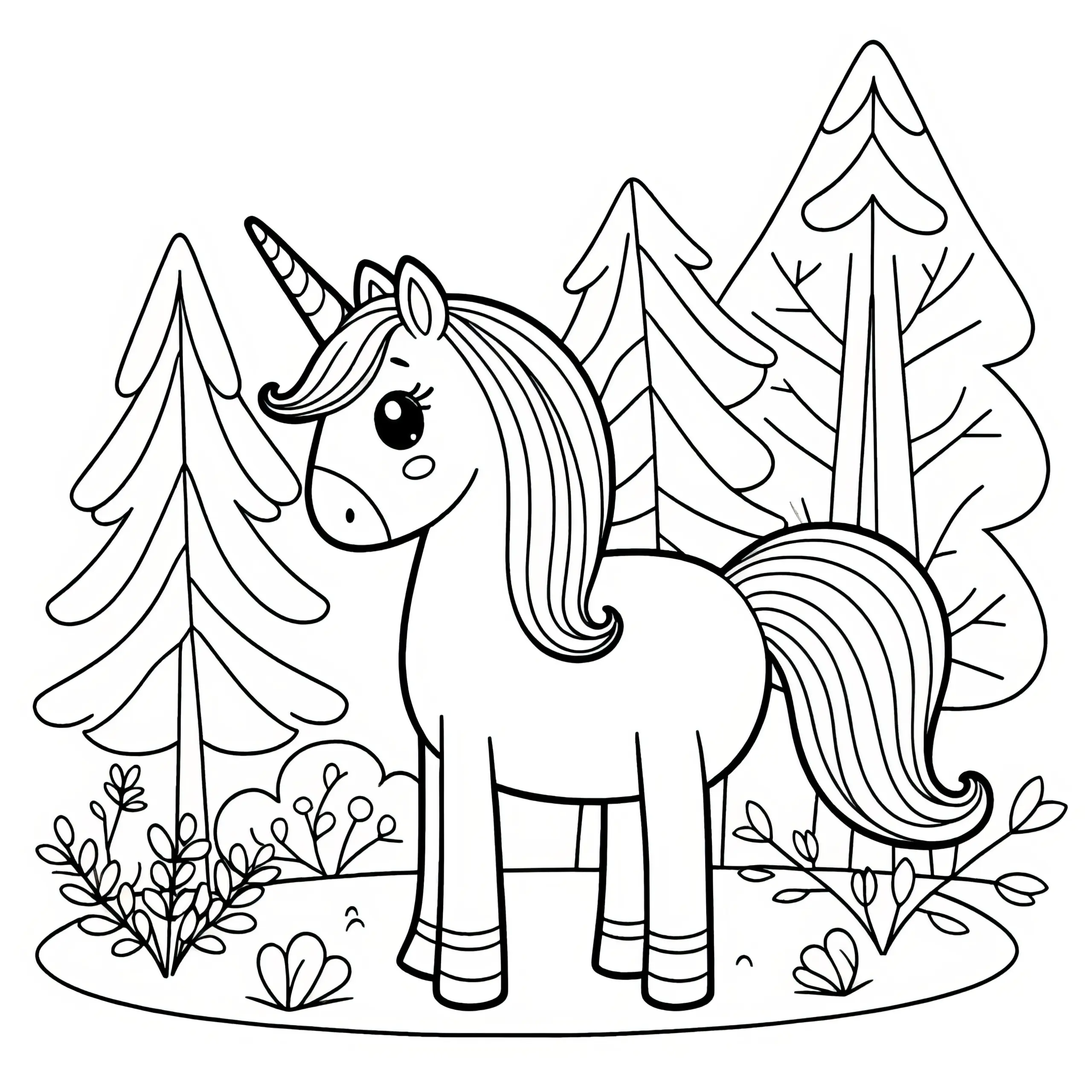 Einfaches Ausmalbild: Einhorn im ruhigen Wald (Kostenlos)