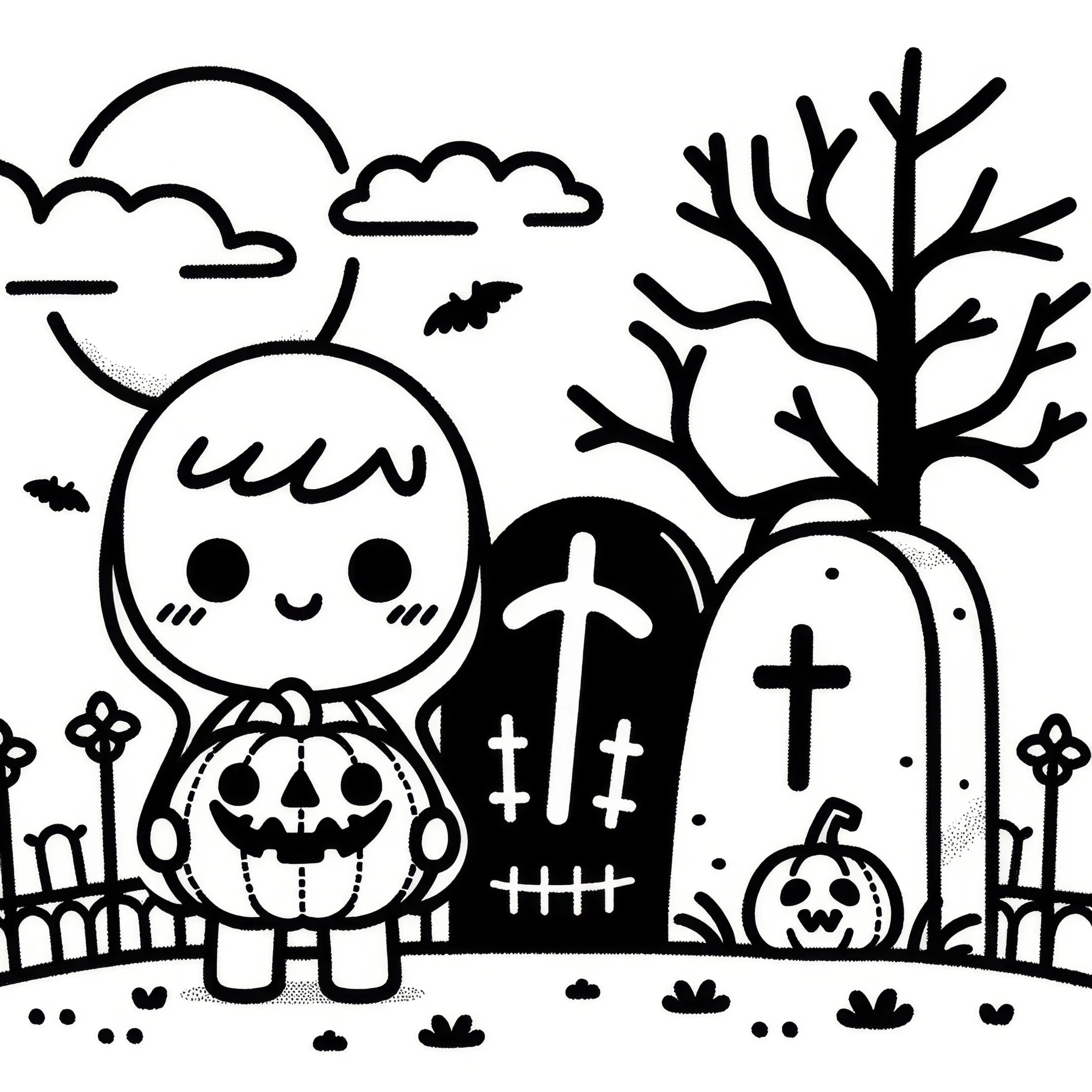 Einfaches Ausmalbild eines Halloween Friedhofs (Kostenlos)