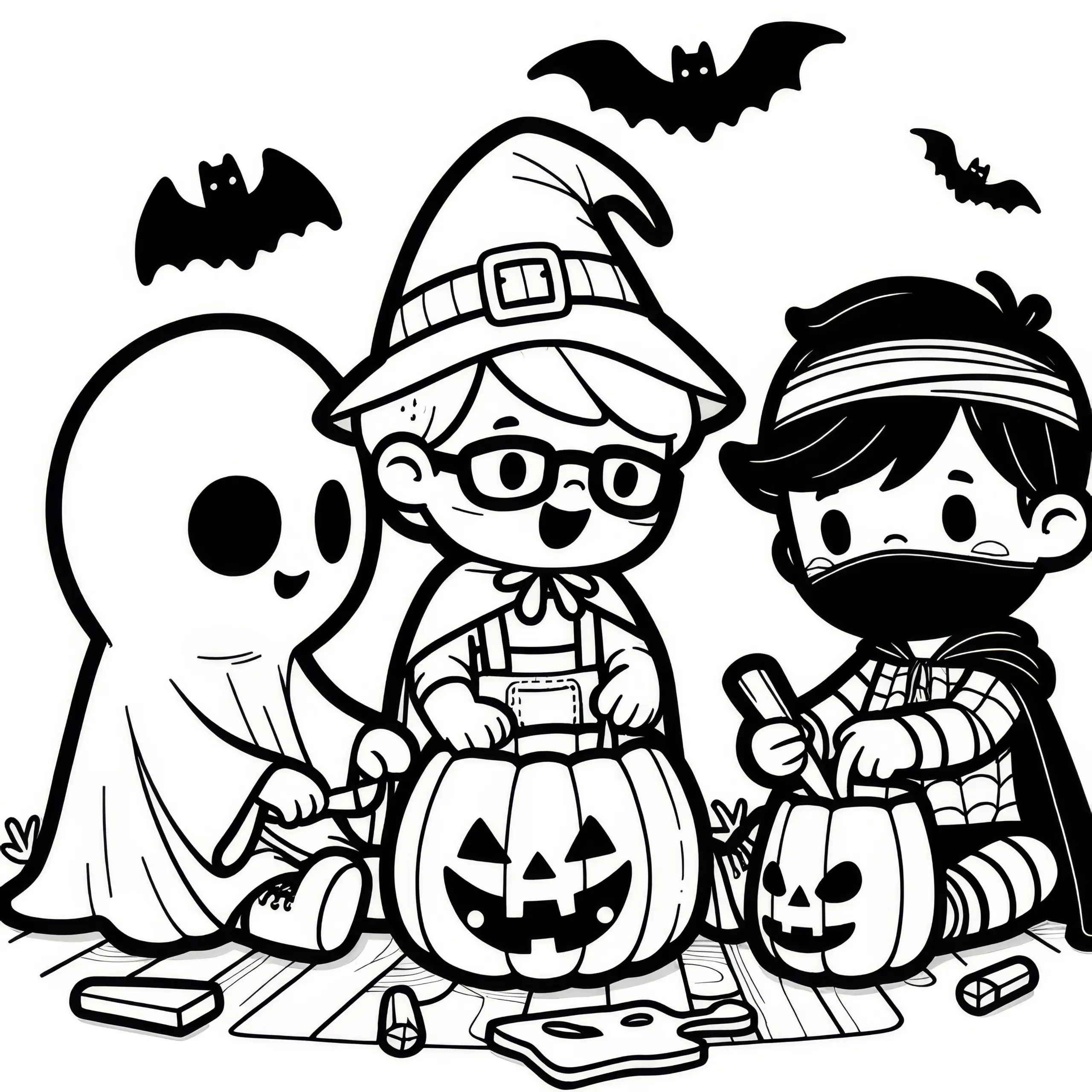 Einfaches Ausmalbild: Halloween-Party mit lustigen Figuren (Kostenlos)