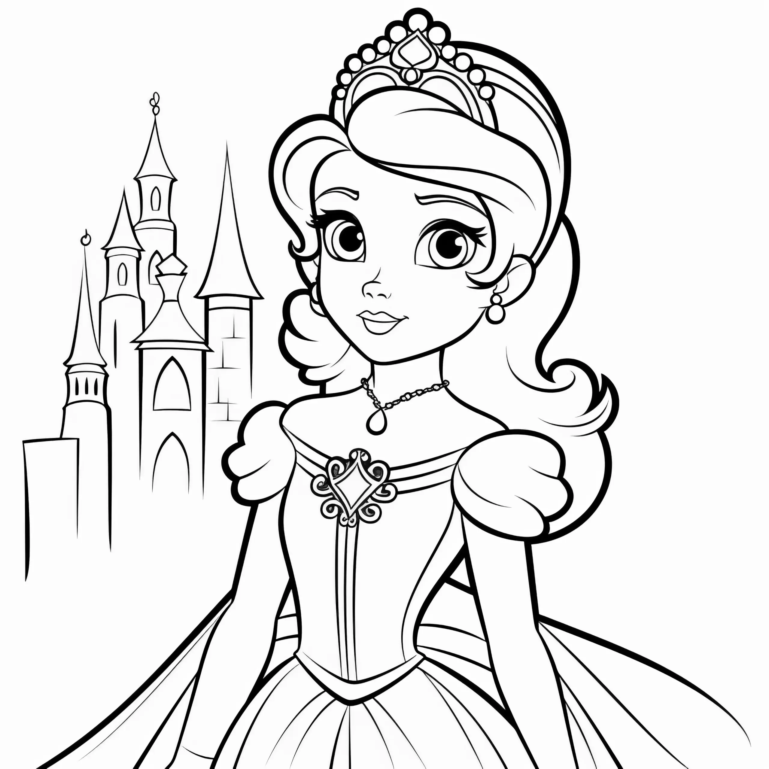 Einfaches Ausmalbild: Hübsche Prinzessin vor dem Schloss