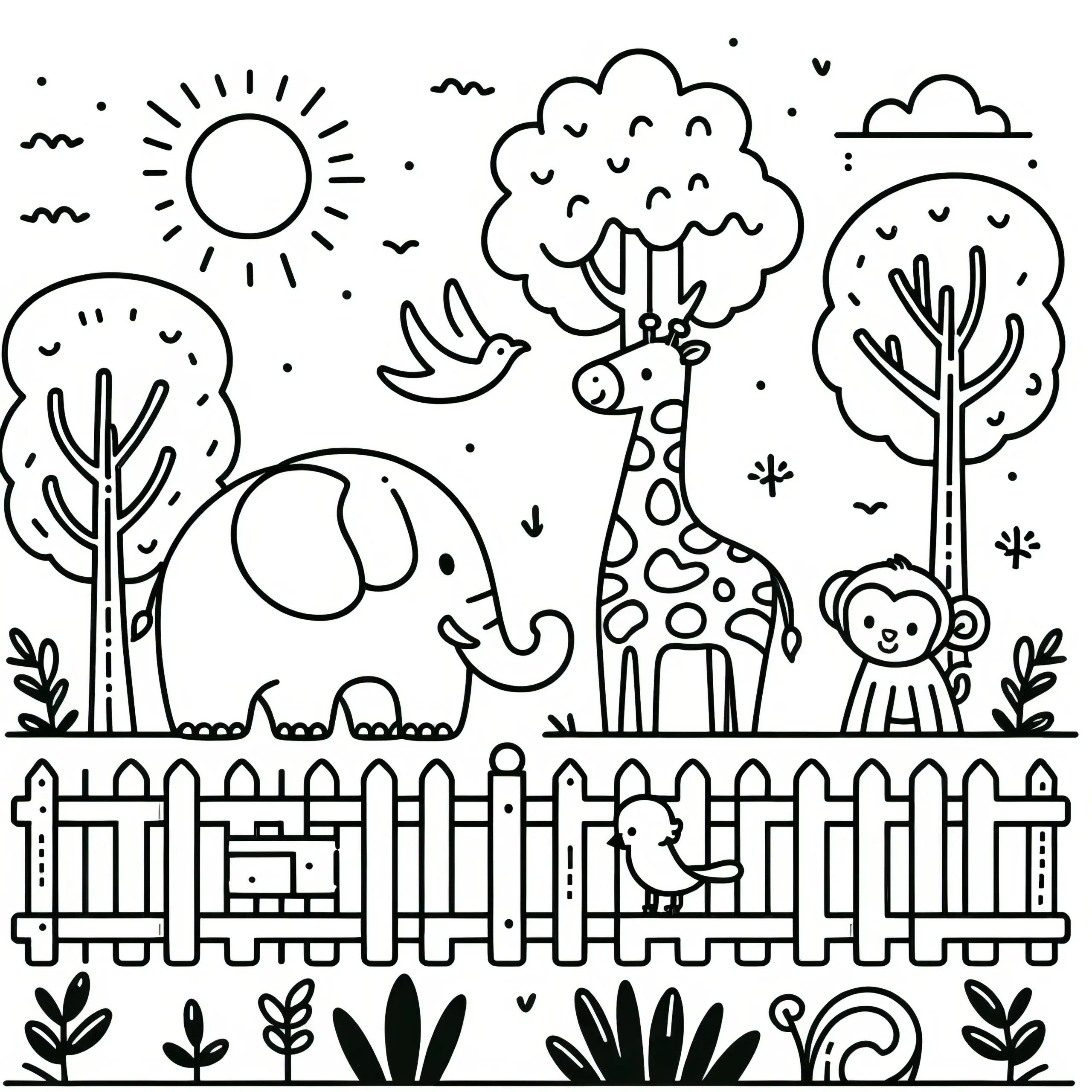 Einfaches Ausmalbild für Kinder: Zoo mit lustigen Tieren (Kostenlos)