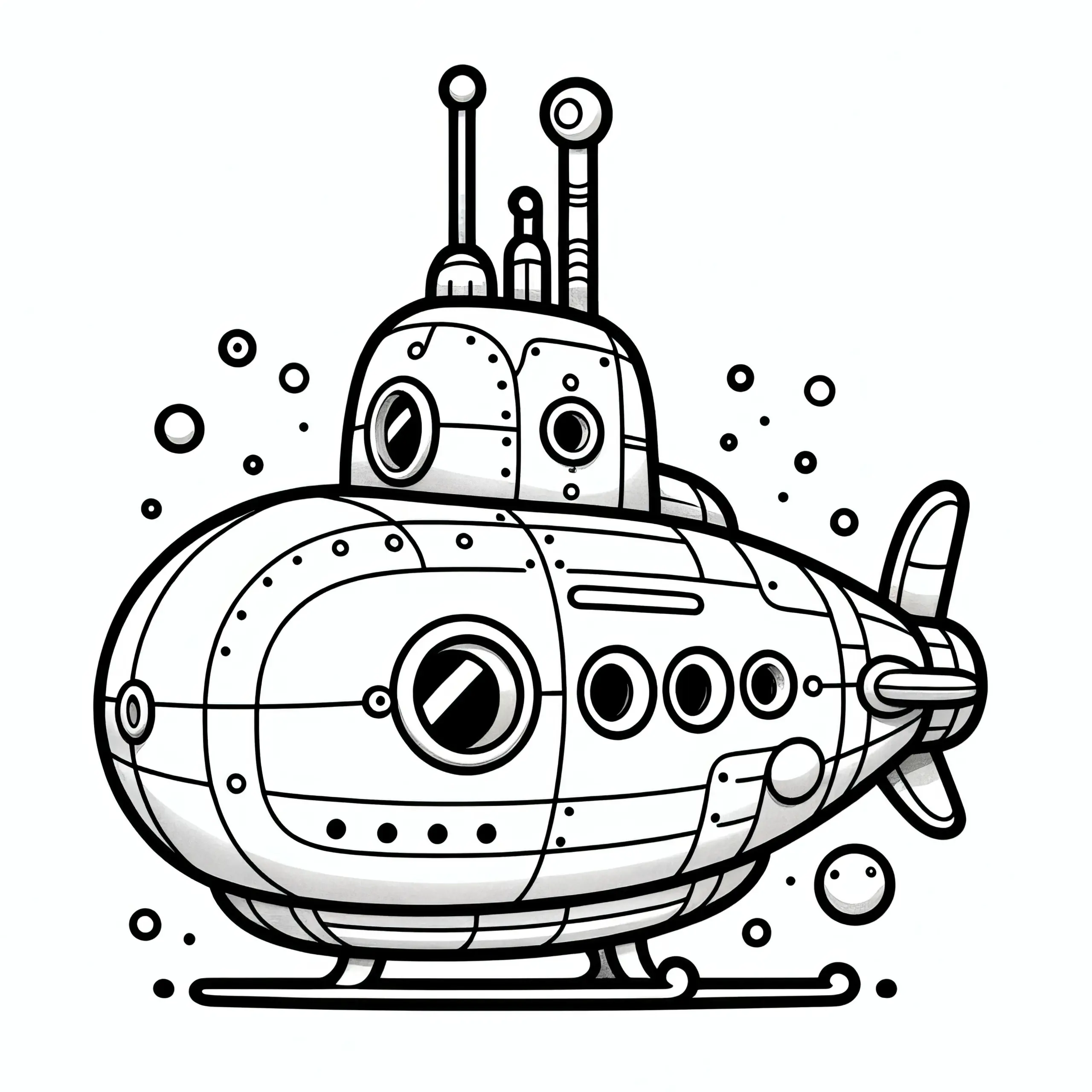 Einfaches U-Boot in Unterwasserwelt: Ausmalbild für Kinder zum Herunterladen (Gratis)